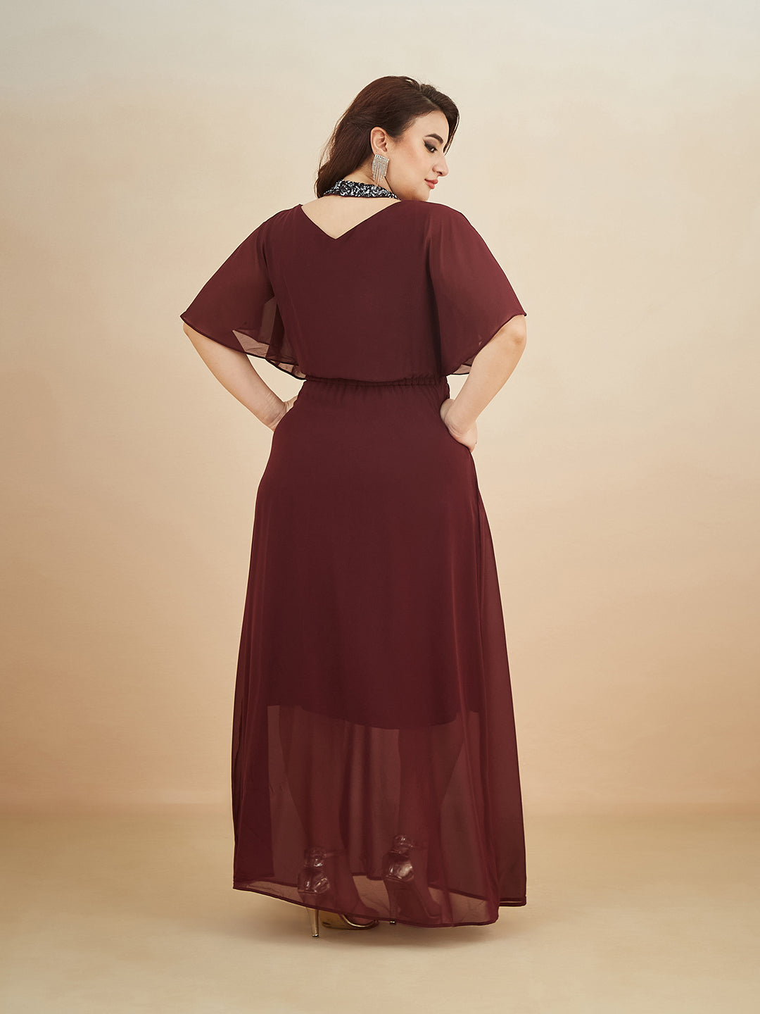 Wine Red Round Neck Flared Solid Embellished Choker/Gathered Maxi Dress for Women — Miss Chase A+