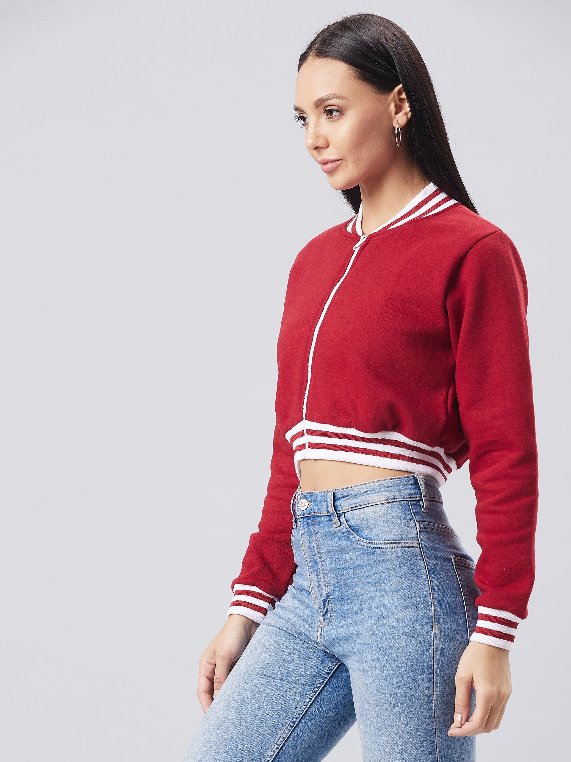 Women's Maroon V-Neck Full Sleeve Solid Bomber Crop Jacket