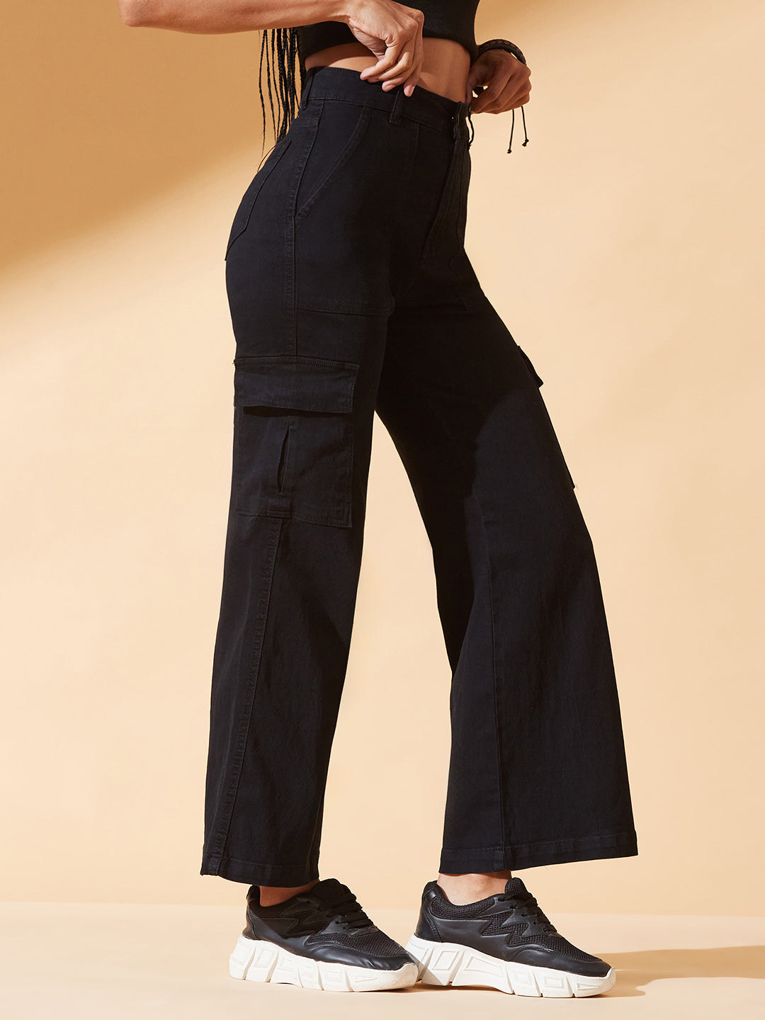 Black Wide-Leg High-Rise Regular Stretchable Denim Jeans for Women