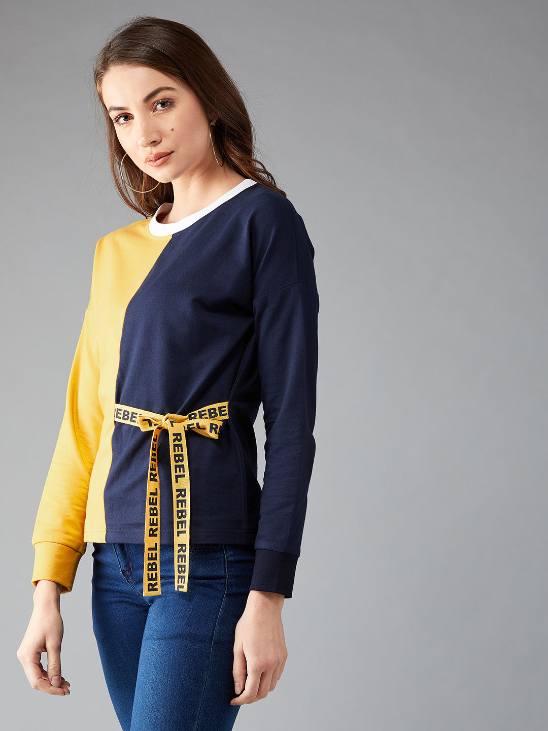 Women's Mustard & Navy Blue Round Neck Full sleeves Solid Color-Block Regular length Sweatshirt