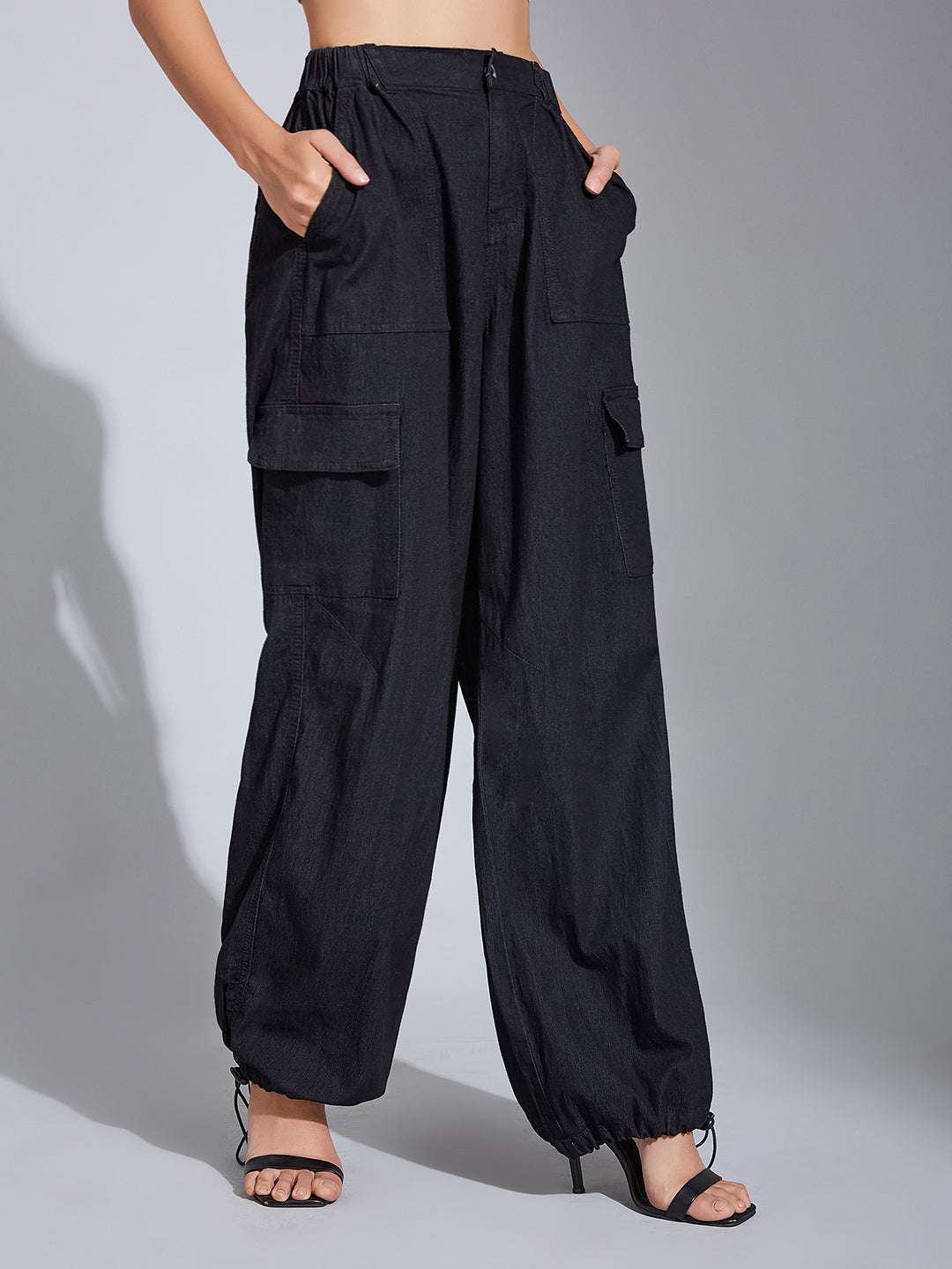 Women's Black High-Rise Stretchable Light Weight Denim Cargo Parachute Pants