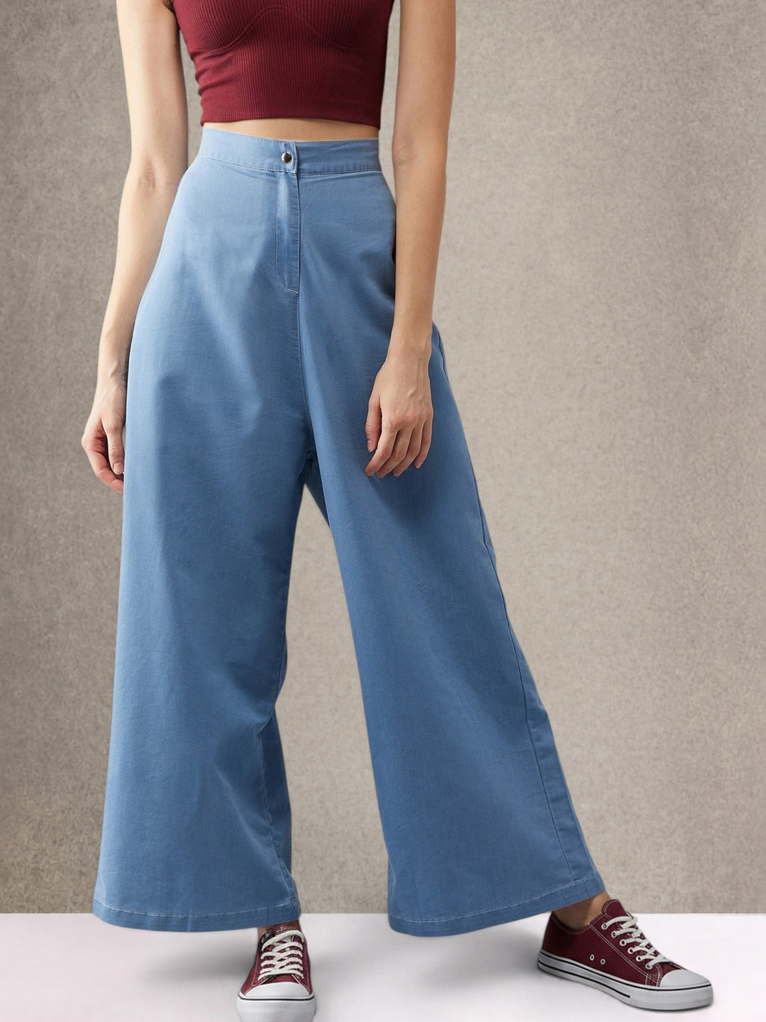 Blue Flared Wide-Leg High Rise Non Stretchable Denim Pants for Women