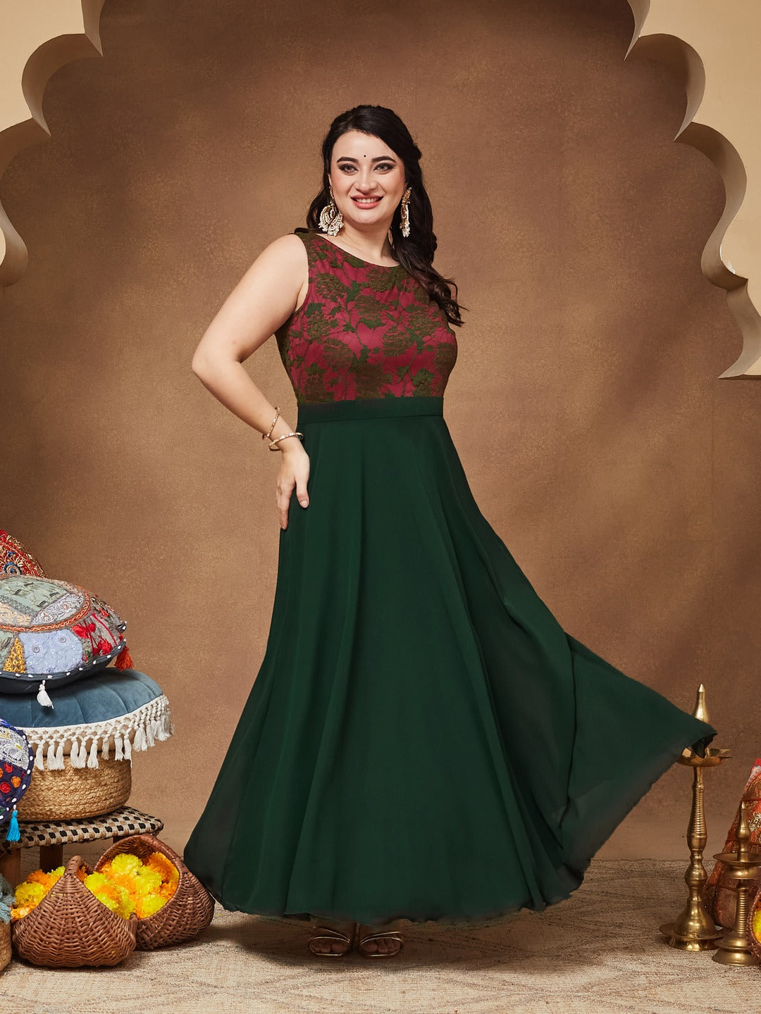 Dark Green Round Neck Sleeveless Georgette Floral Lace Fit & Flare Maxi Dress for Women — Miss Chase A+