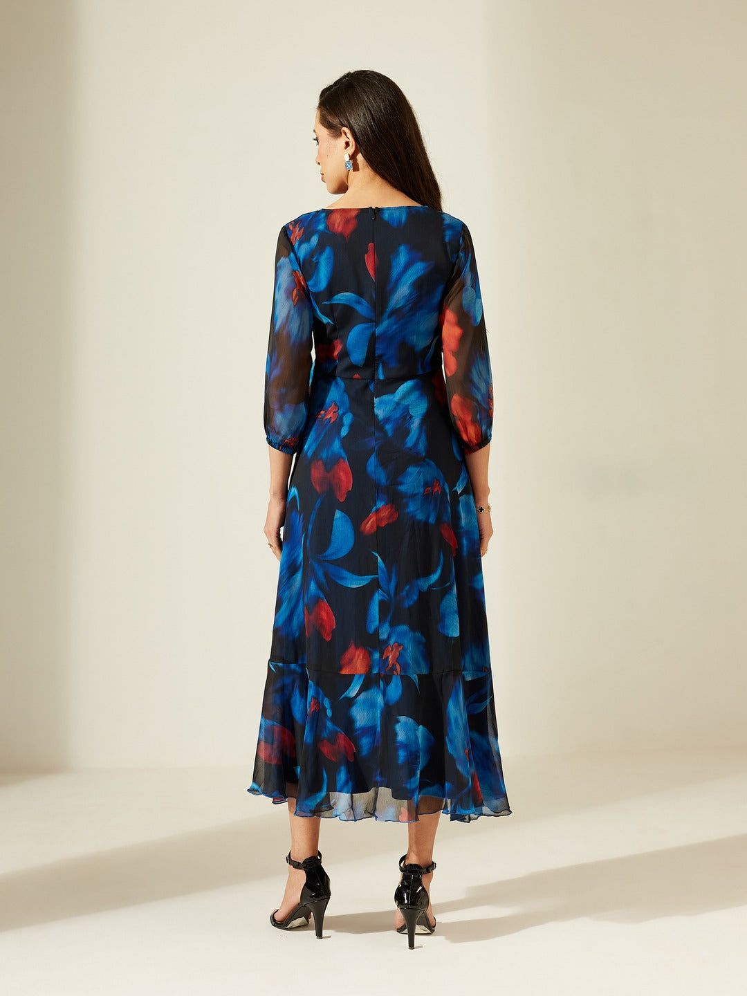 Black Floral V-Neck 3/4 Sleeve Wrap Chiffon Midi Dress for Women