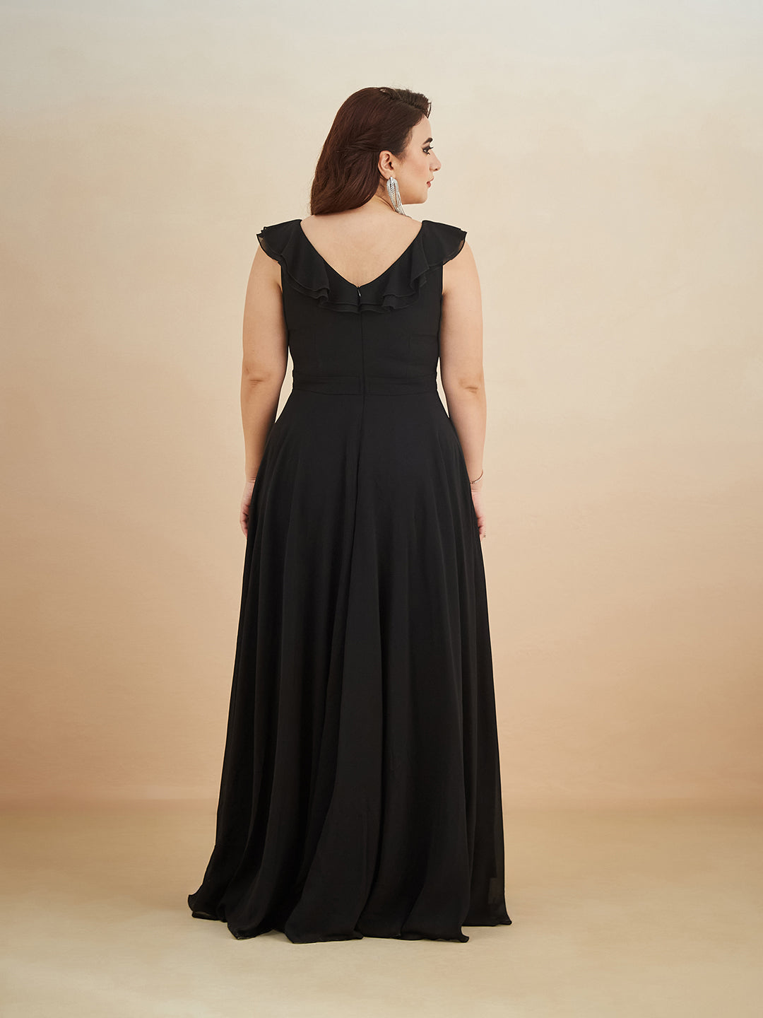 Black Sleeveless Embroidered Ruffled Georgette Maxi Dress for Women — Miss Chase A+