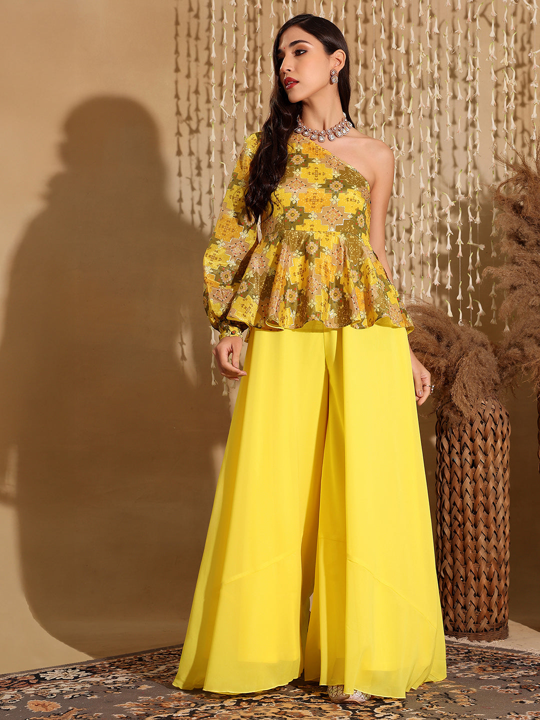 Women's Multicolored-Base-Yellow  Geometric One Shoulder Neck Bishop Sleeves Georgette Layered Regular-Length Jumpsuit