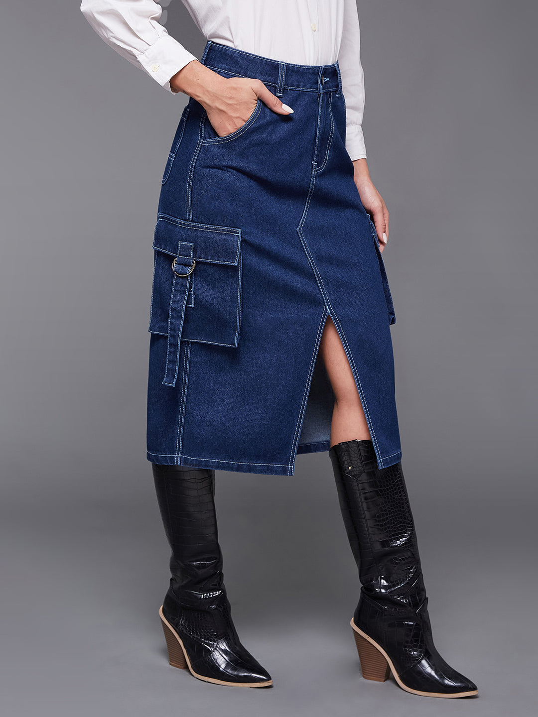 Women's Navy Blue Straight High Rise Midi Cargo Denim Skirt