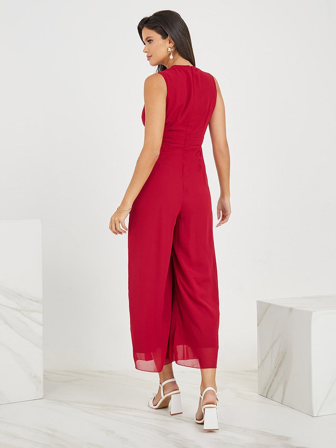 Women's Maroon V-Neck Sleeveless Embellished Wrap Regular-Length Jumpsuit