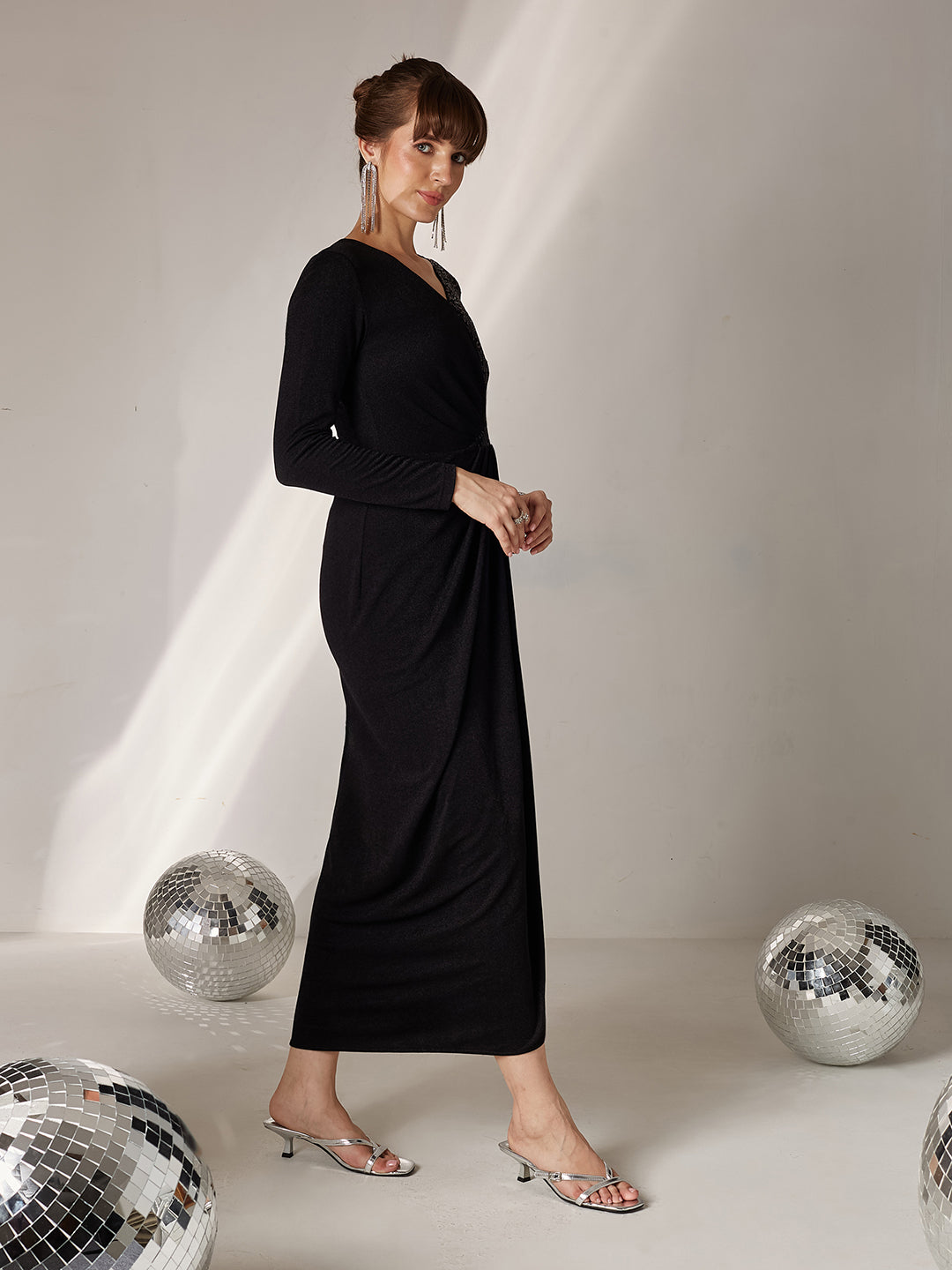 Women's Black V-Neck Full Sleeve Embellished Pleated Longline Dress