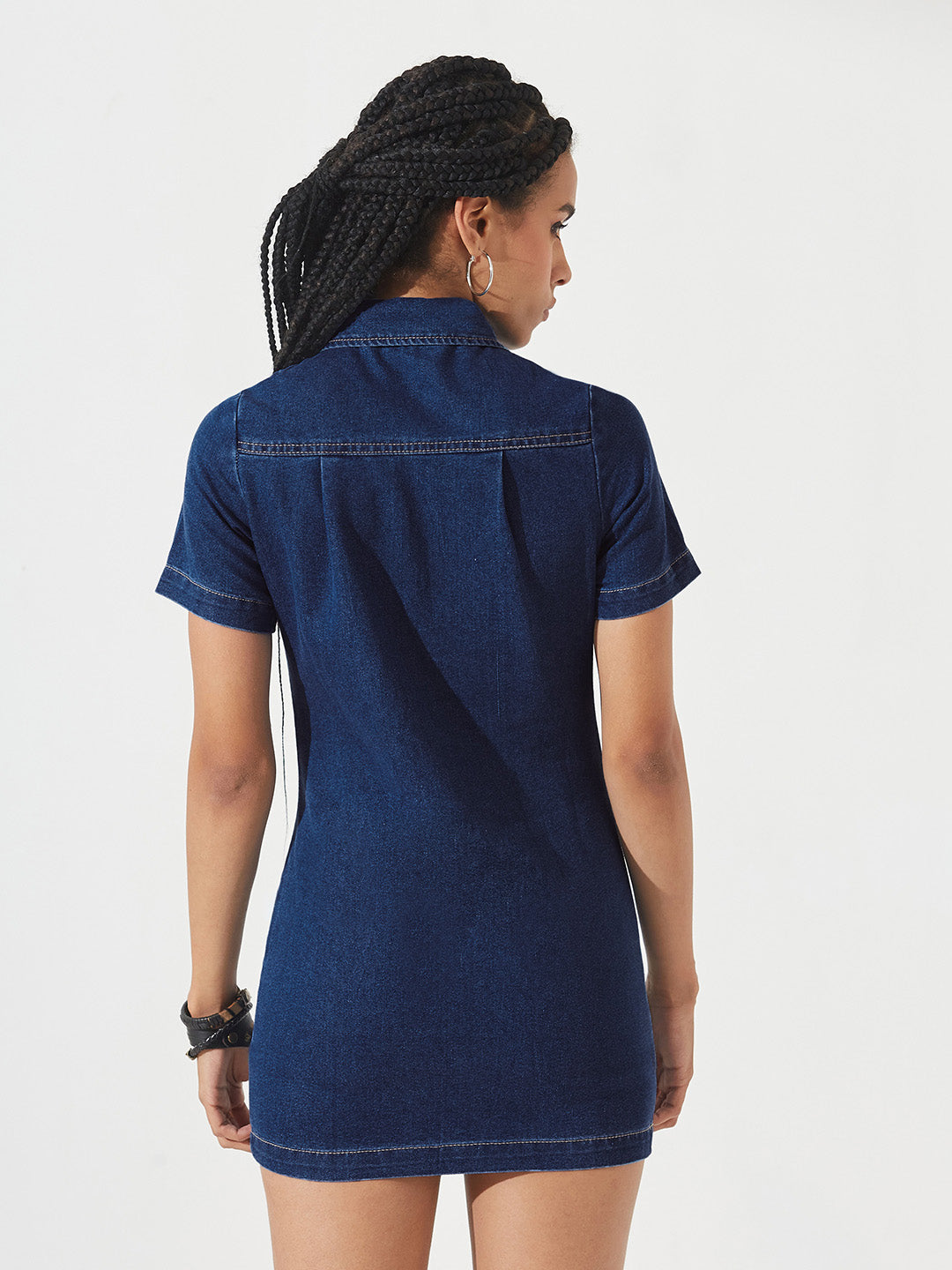 Dark Blue Collared Half-Sleeves Princess Seam Sheath Mini Dress for Women