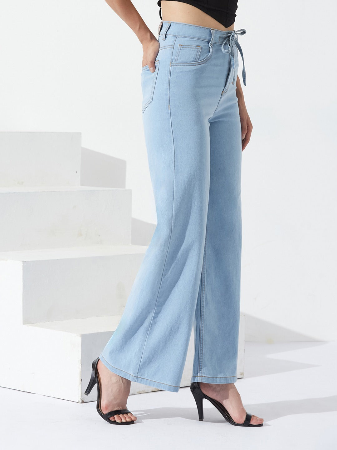 Light Blue High-Rise Wide Leg Stretch Denim Jeans with Tie-Up Waist for Women