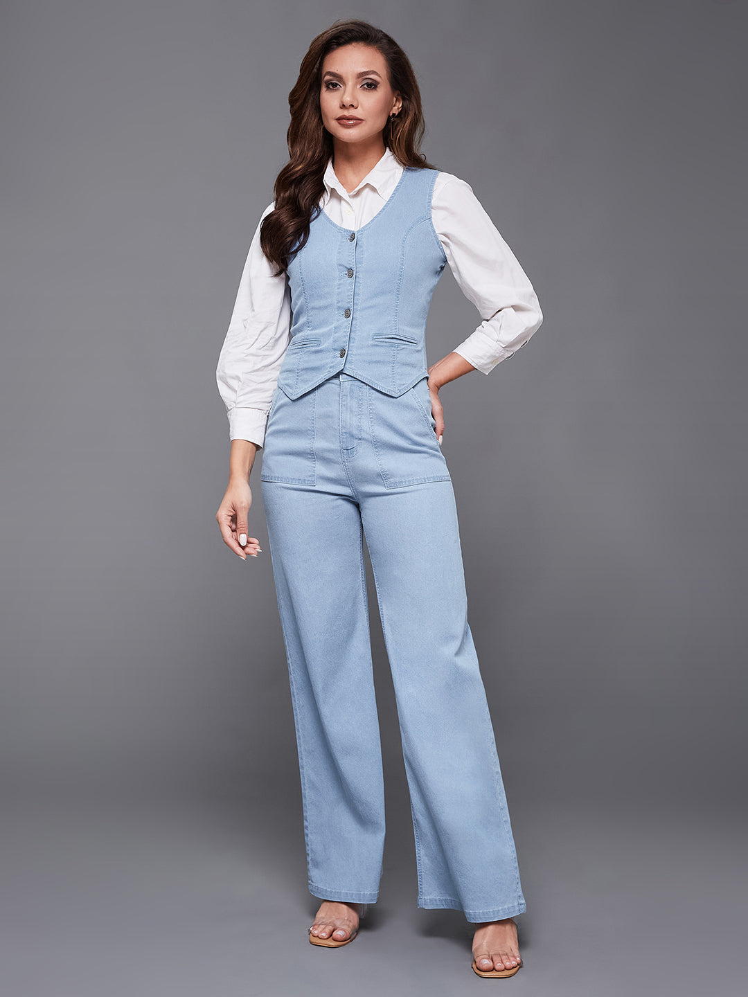 Women's Light Blue Wide-Leg High Rise Clean Look Regular-Length Stretchable Light-weight Denim Co-Ord Set