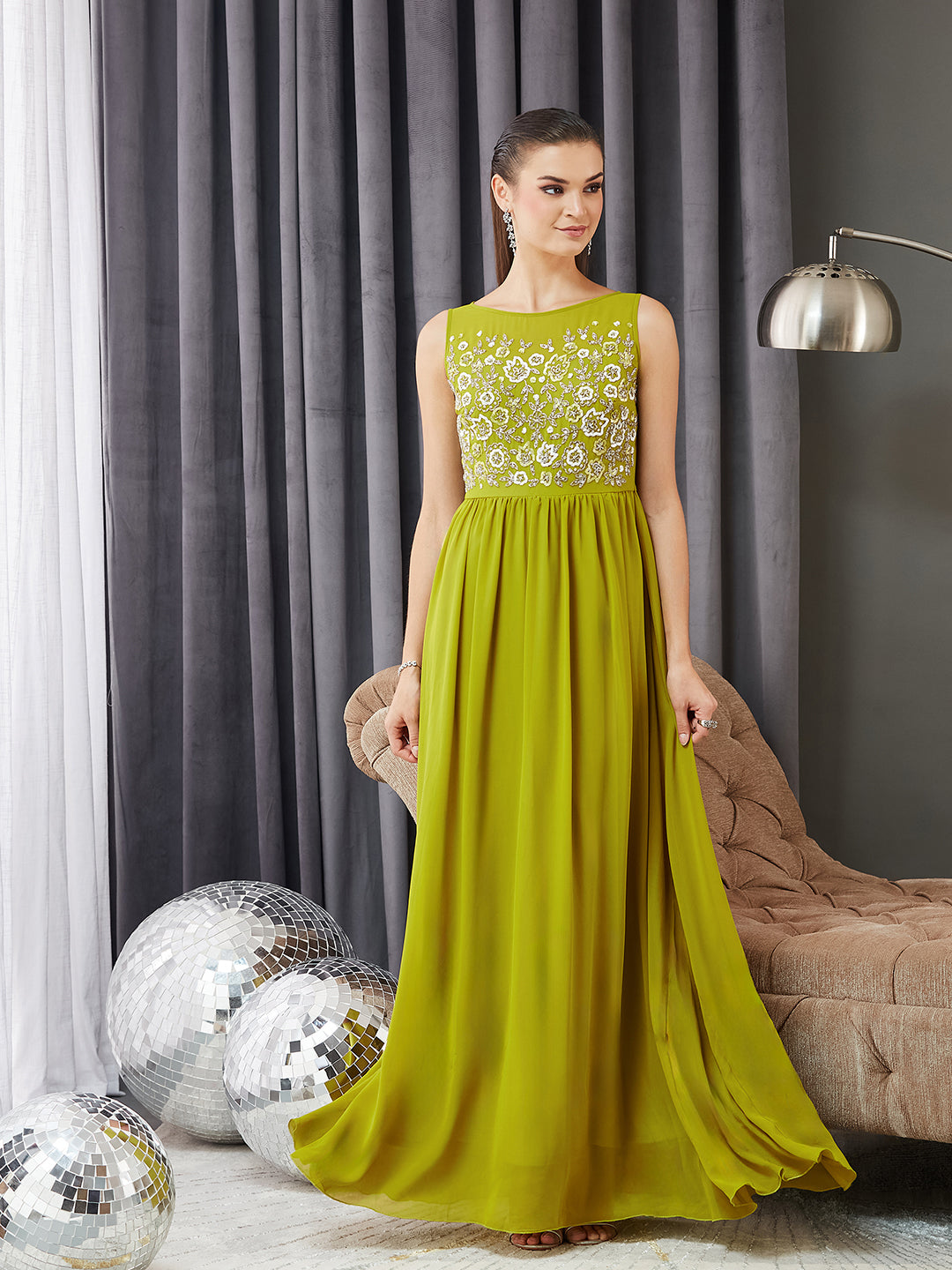 Women's Lemon Green Boat Neck Sleeveless Embroidered Georgette Gathered Maxi Dress