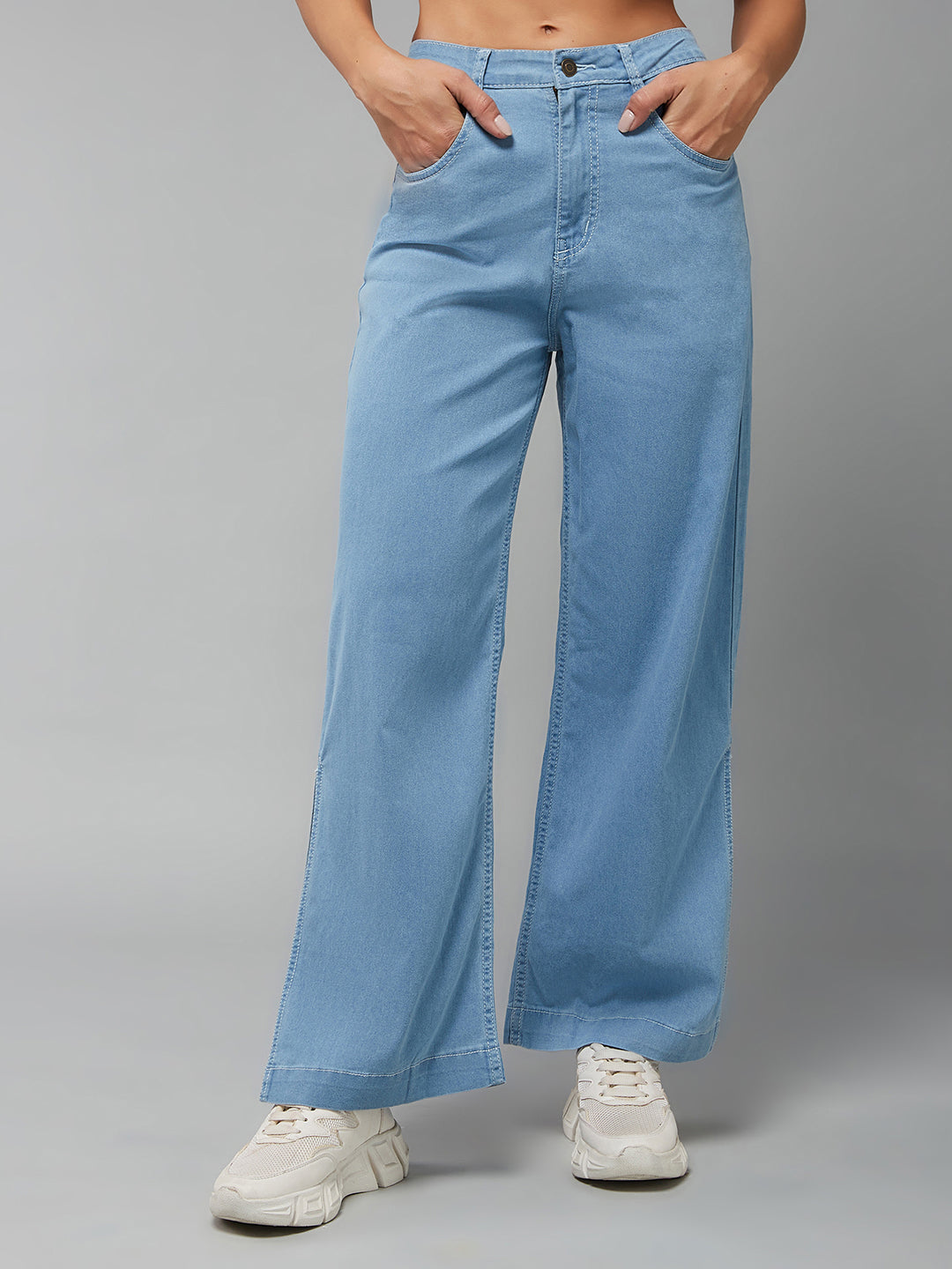 24/7 Comfort Women's Light Blue Wide-Leg High Rise Clean Look Regular Stretchable Denim Jeans