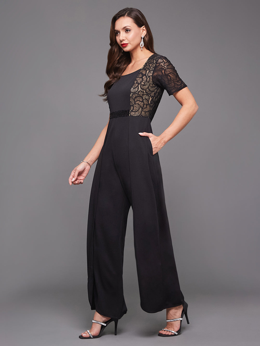 Women's Black Square-Neck Half-Sleeve Self-Designed Panelled Regular-Length Polyester Jumpsuit