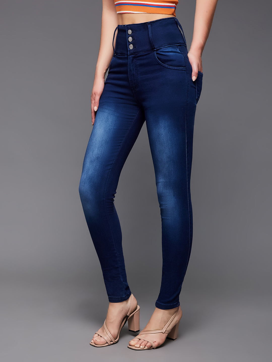 Women's Navy Blue Skinny Fit High Rise Clean Look Regular Length Stretchable High Waist Denim Jeans