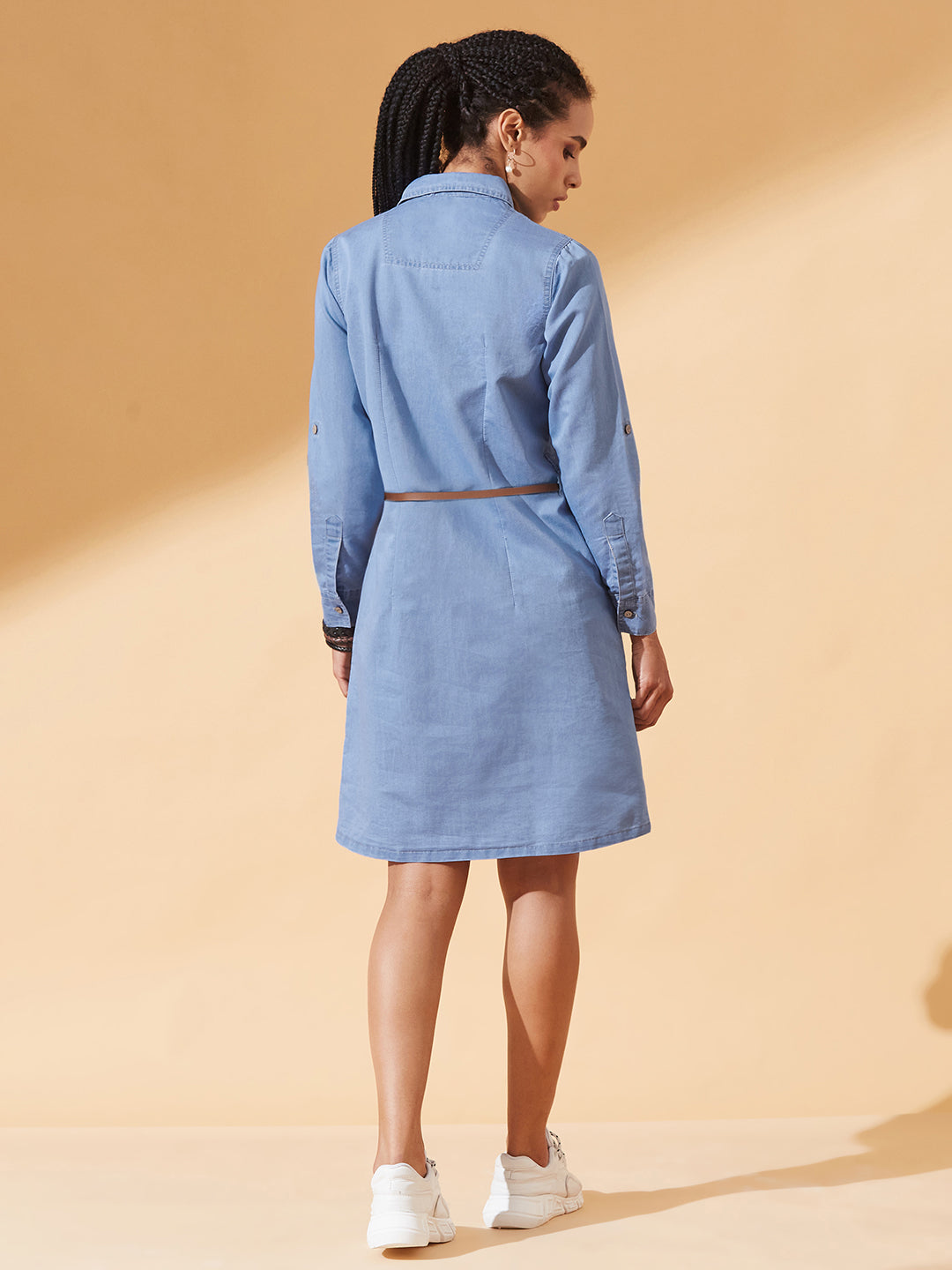 Blue Polo Neck Rolled Up Full Sleeve Denim Solid Buttoned A-Line Mini Dress for Women — Dolce Crudo