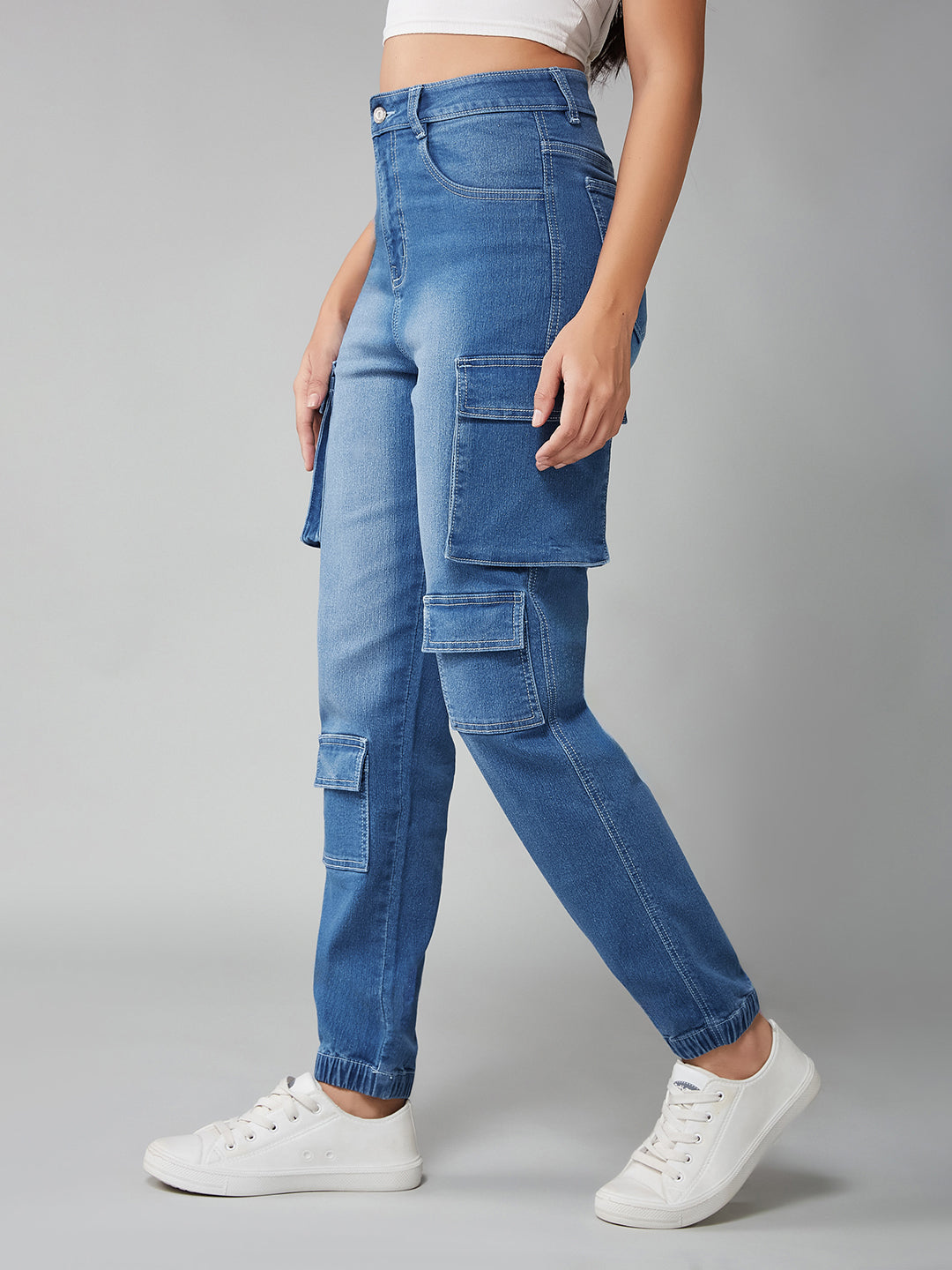 Women's Mid-Blue Regular High-Rise Regular Stretchable Denim Joggers