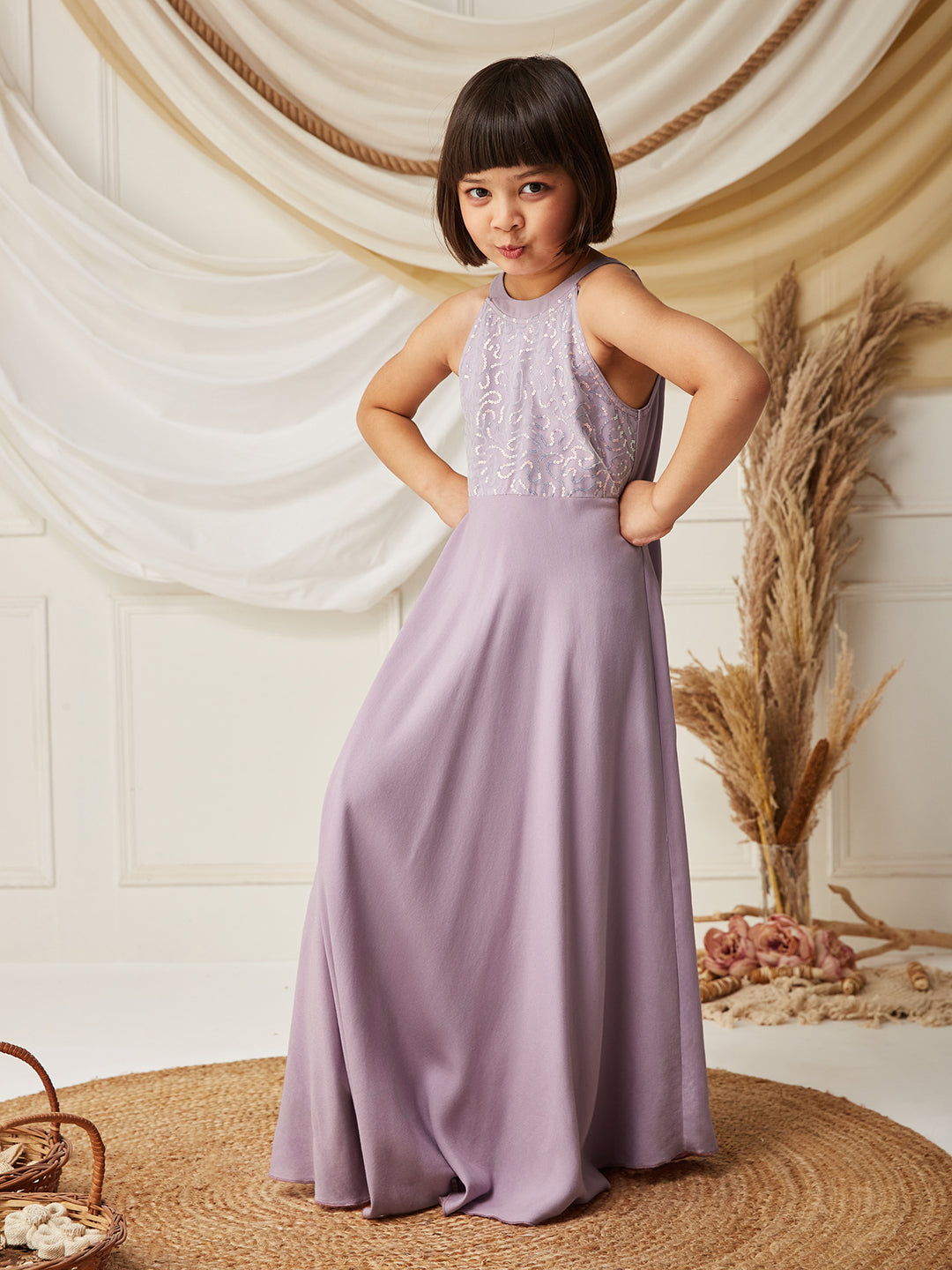 Lavender Halter-Neck Sleeveless Embellished Fit & Flare Viscose-Rayon Maxi Dress