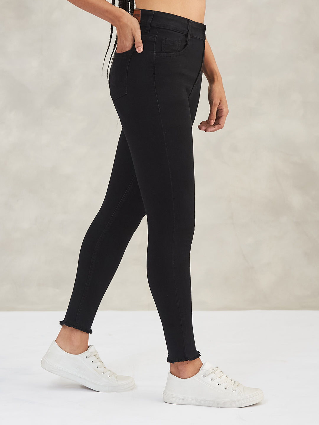 Women's Black Skinny Fringe-Detailing High-Rise Solid Cropped Stretchable Denim Jeans