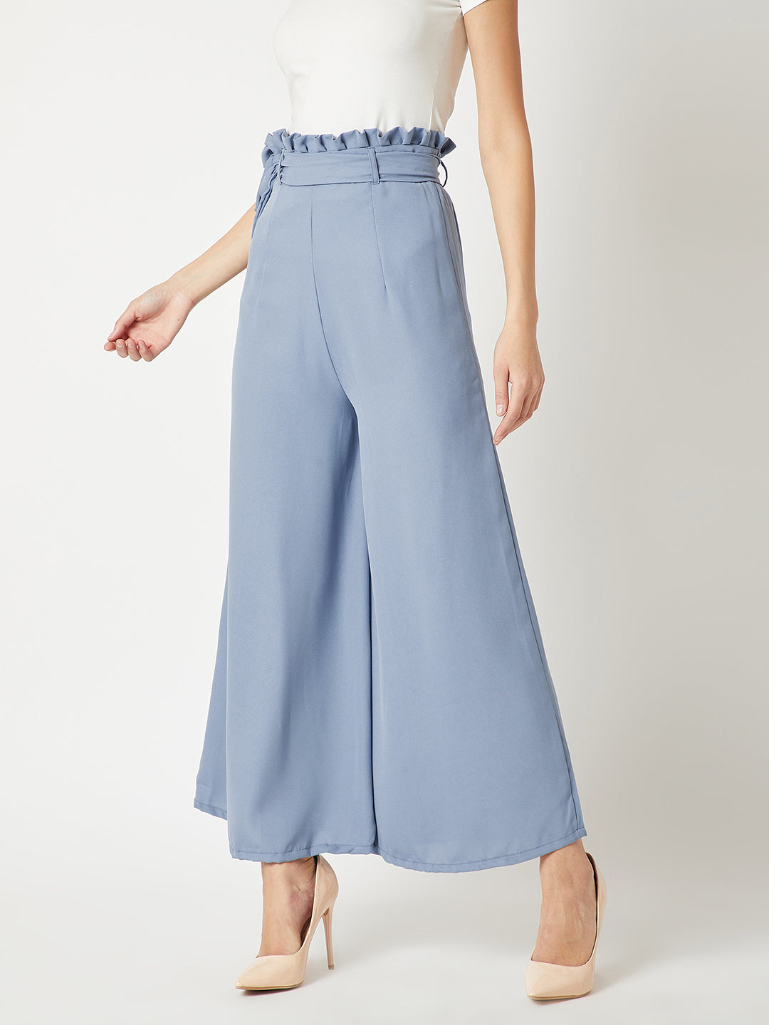 Women's Blue Solid Regular Length Pleated Wide Leg Paper bag Flare Trouser