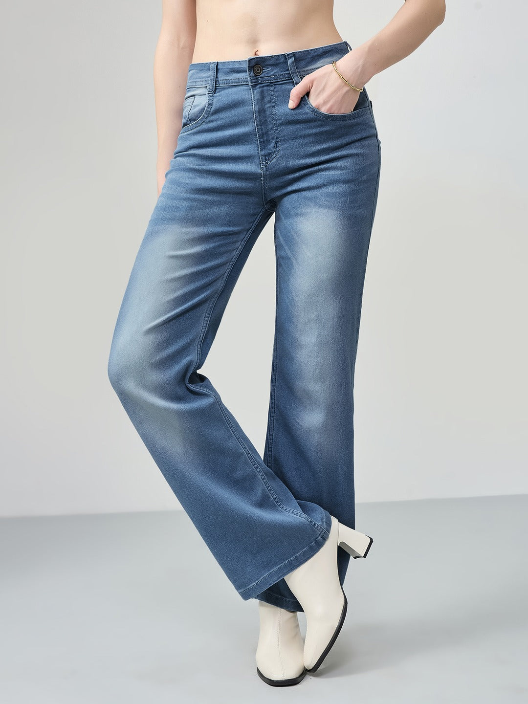 Light Blue Wide-Leg Mid Rise Blast Effect Light Weight Denim Jeans for Women