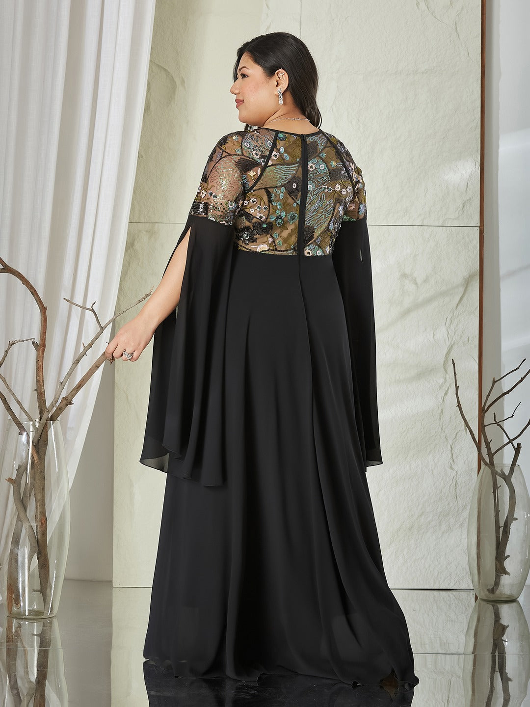 Black Sweet-Heart Full Sleeve Embellished Slit Sleeve Maxi Georgette Dress for Women