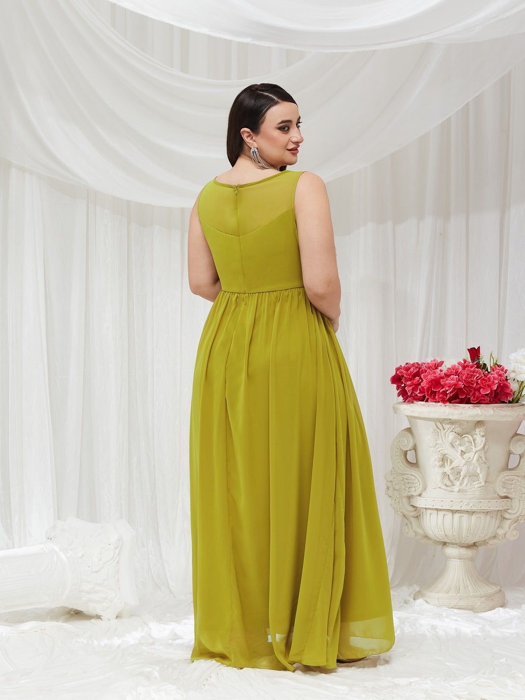 Lemon Green Boat Neck Sleeveless Embroidered Georgette Gathered Maxi Dress for Women — Miss Chase A+