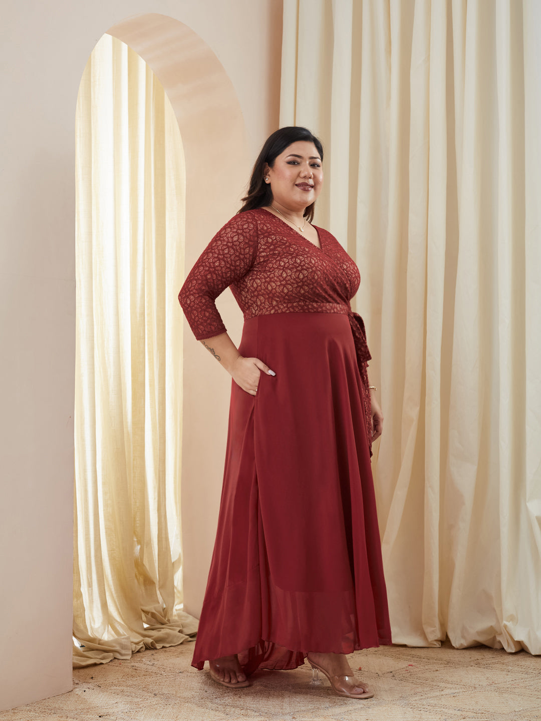Maroon Floral Printed Relaxed Fit V-Neck 3/4th Sleeve Georgette Maxi Dress for Women — Miss Chase A+