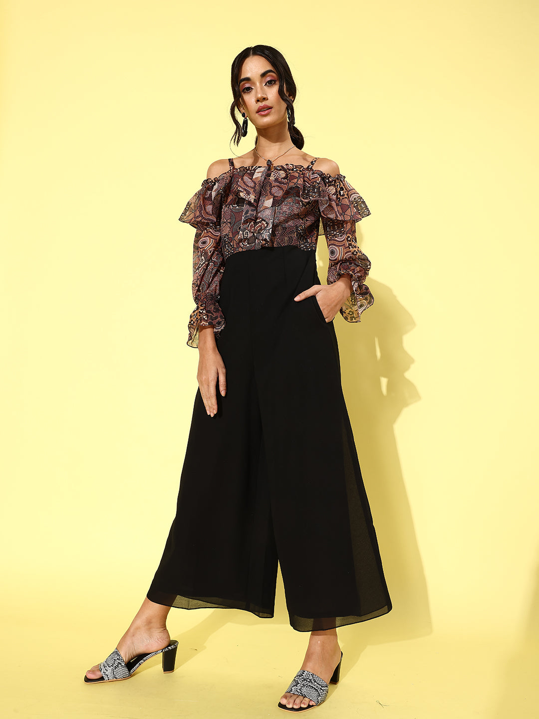 Women's Multicolored-Base-Black Off-Shoulder Ruffled Sleeve Animal Print Frilled Regular Jumpsuit