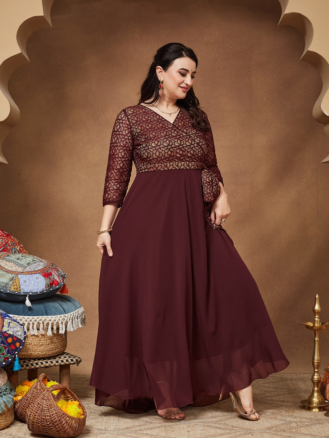 Wine V-Neck 3/4 Sleeve Floral Wrap Georgette Maxi Dress for Women — Miss Chase A+