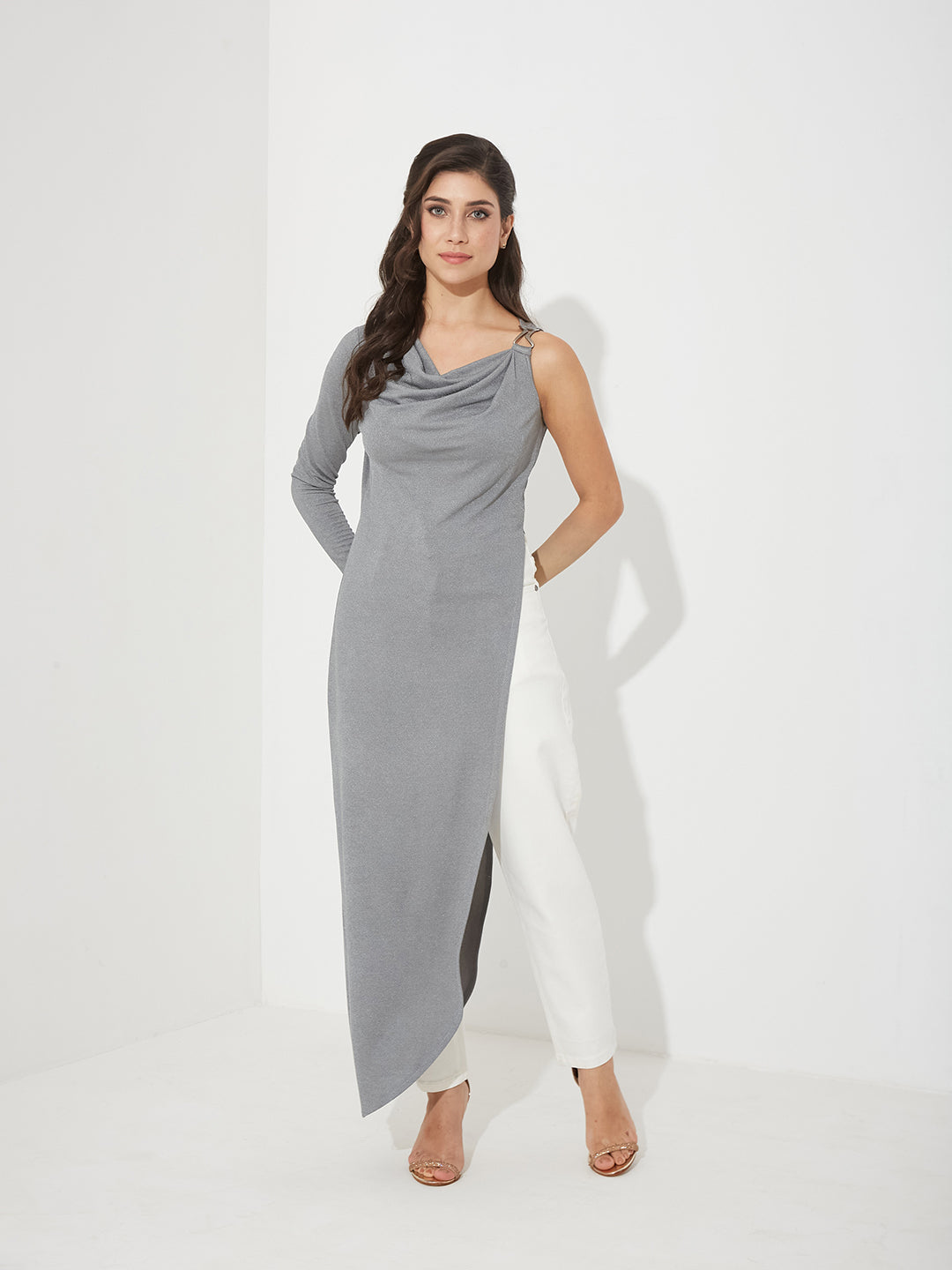 Women’s Grey Asymmetric Cowl Full-Sleeved Solid Asymmetric Maxi Polyester Top for Women