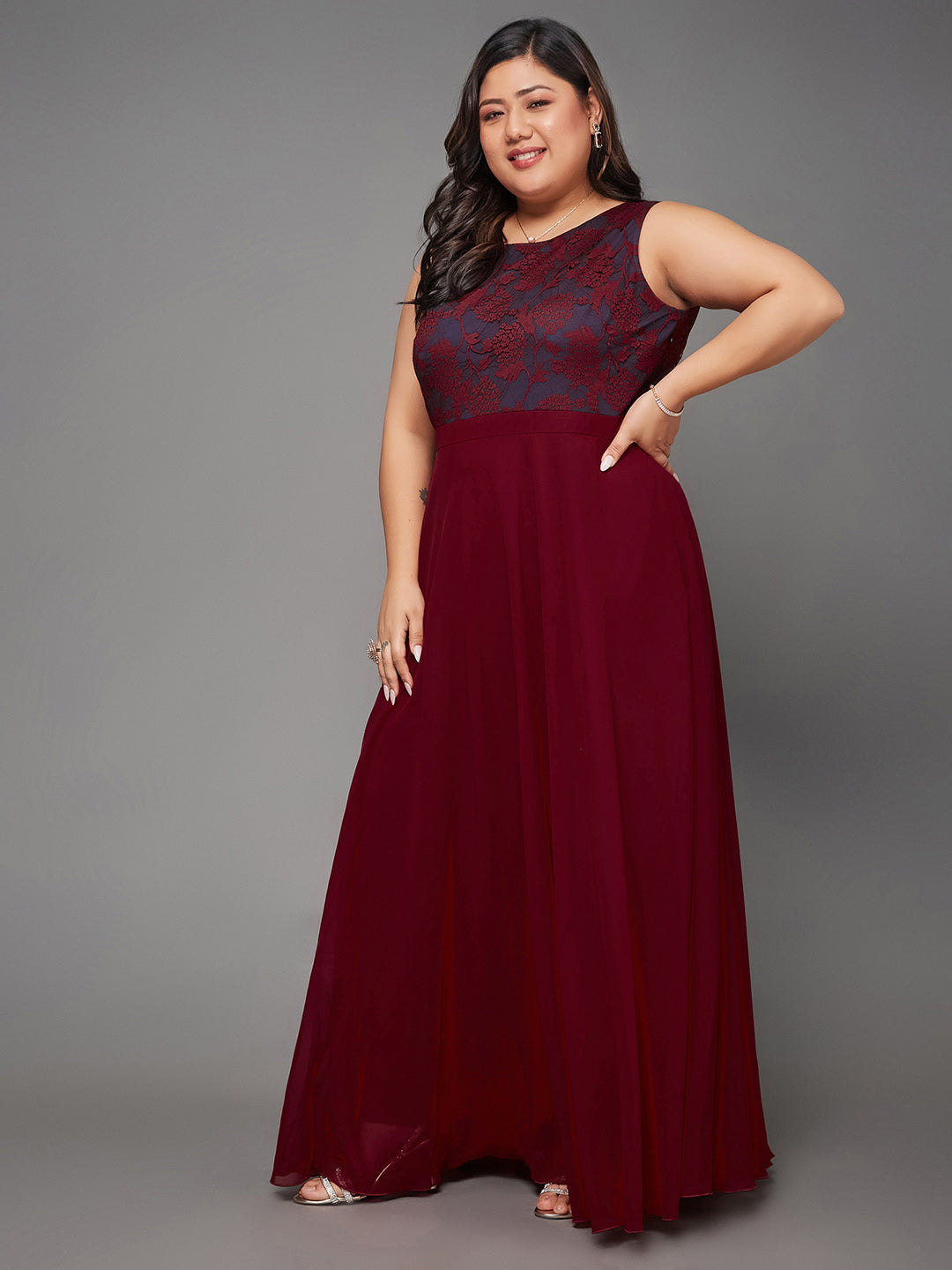 Maroon & Teal Boat Neck Sleeveless Self Design Lace Overlaid Maxi Dress for Women
