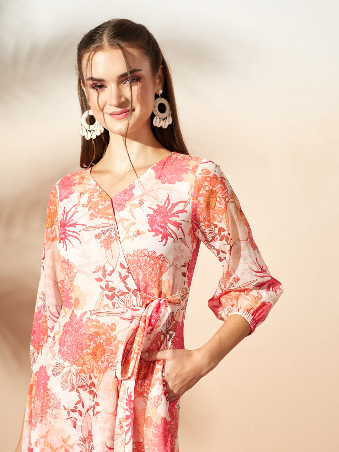 Women’s Multicolored Light Peach Floral V-Neck 3/4 Sleeve Wrap Midi Chiffon Dress for Women