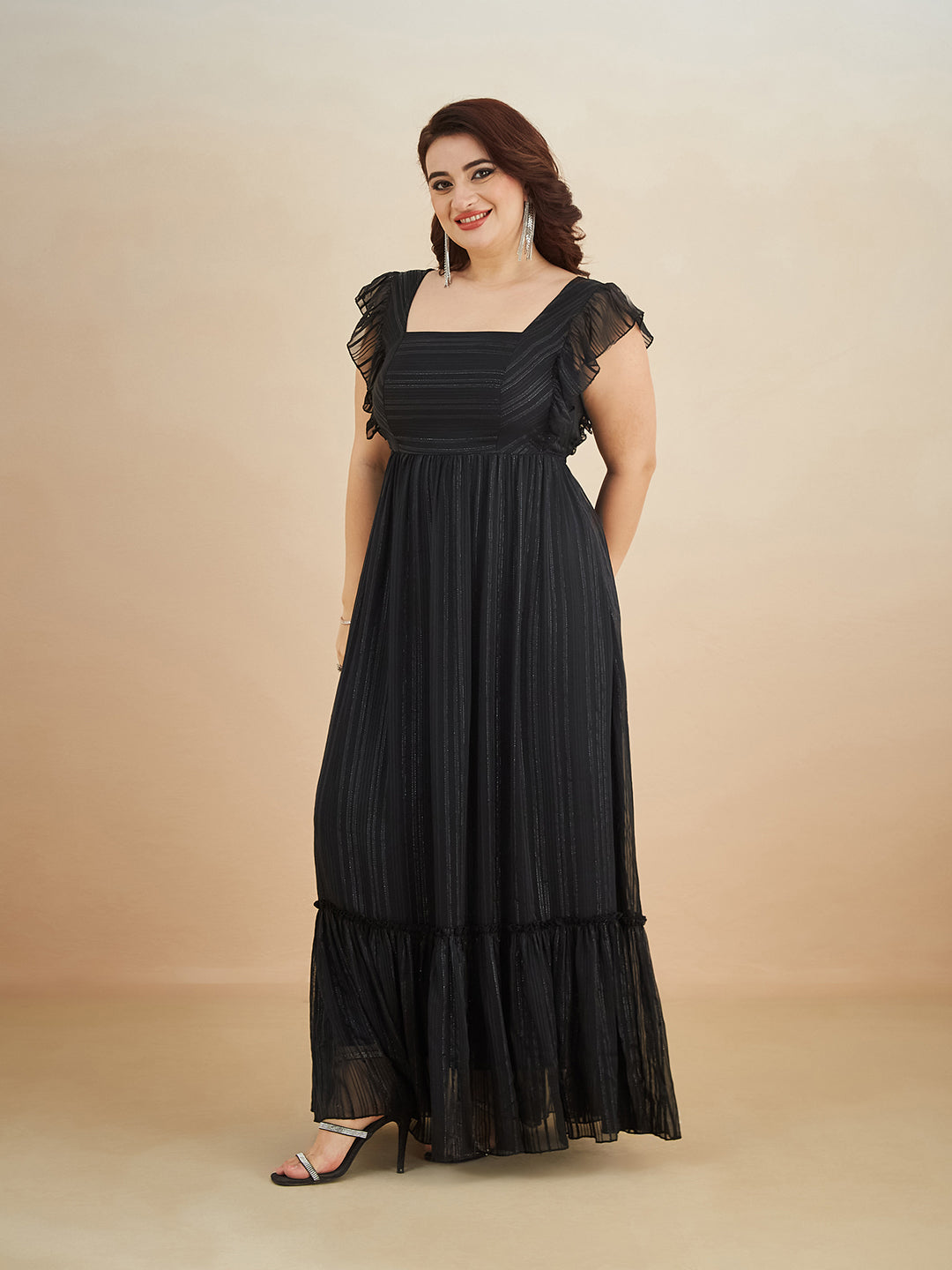Black Square Neck Layered Ruffles Sleeve Floral Patterned Tiered Maxi Georgette Dress for Women — Miss Chase A+