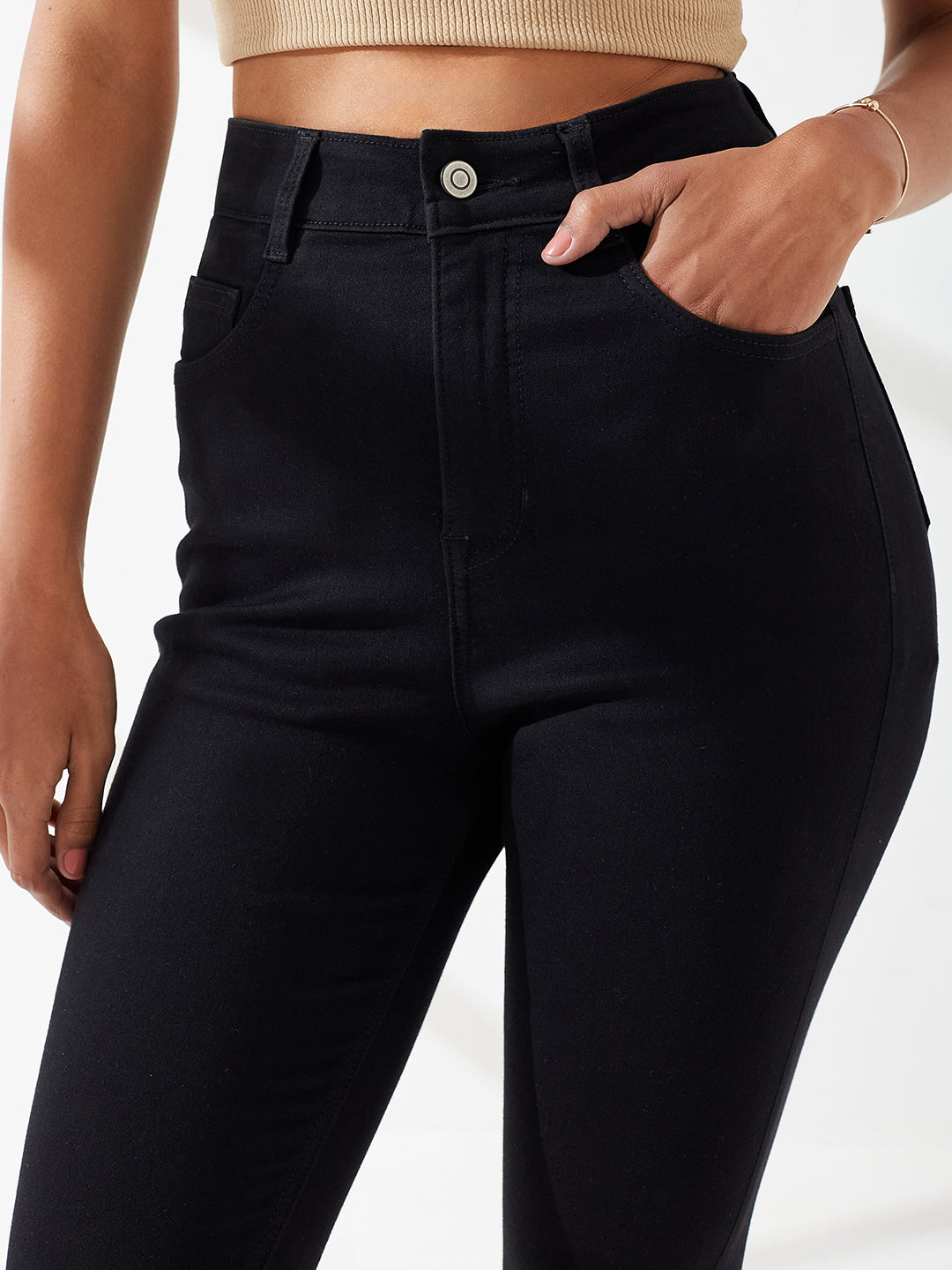 Black High-Rise Semi Bootcut Stretchable Shaping Denim Jeans For Women