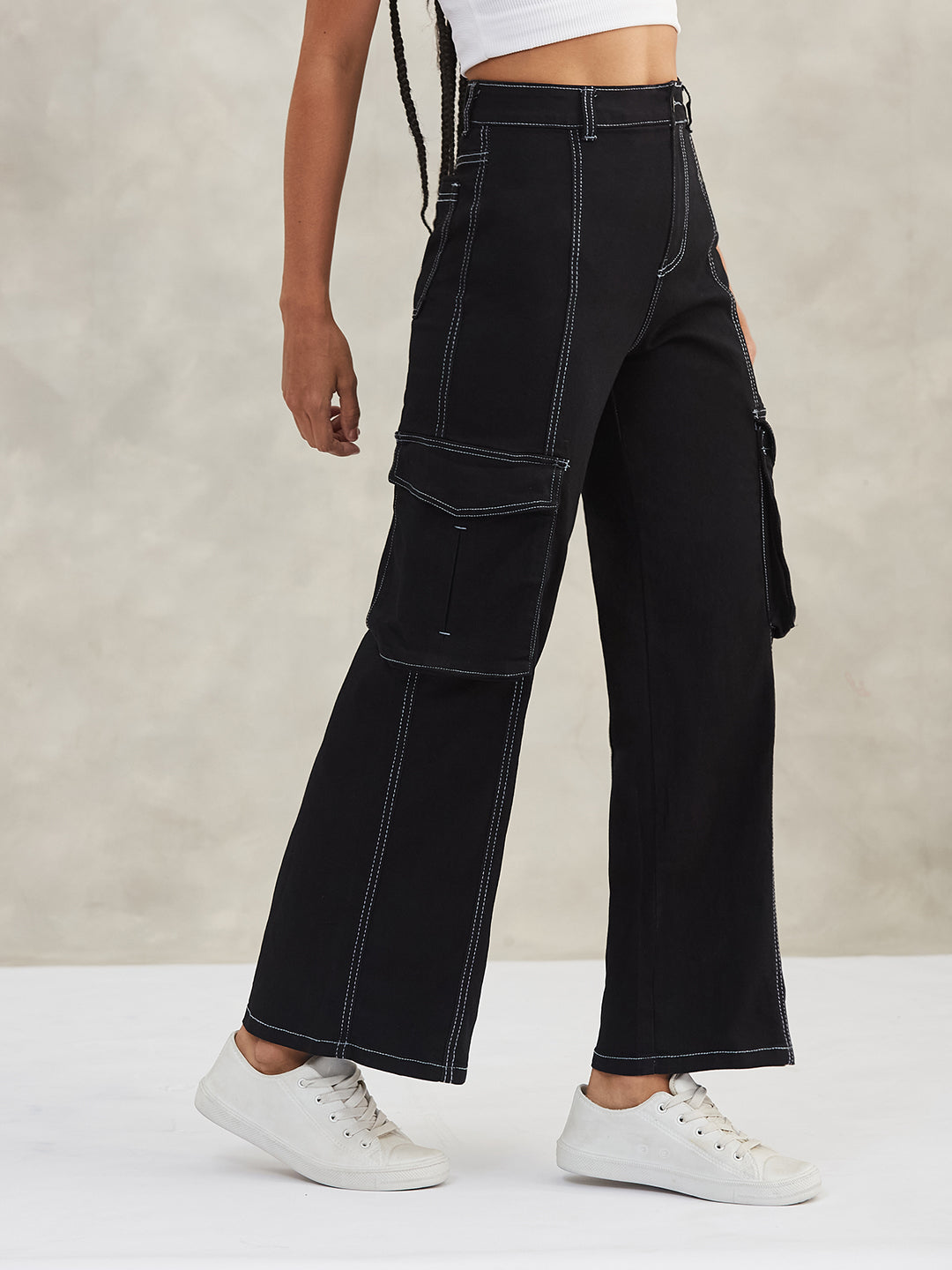 Women's Black Wide-Leg High-Rise Clean-Look Regular-Length Stretchable Patch-Pocketed Denim Jeans