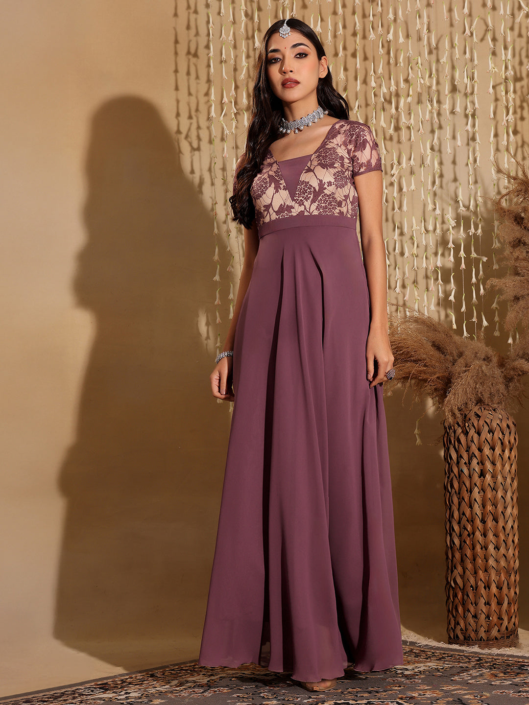 Women's Mauve Square-Neck Raglan-Sleeve Self-Designed Flared Georgette Maxi Dress