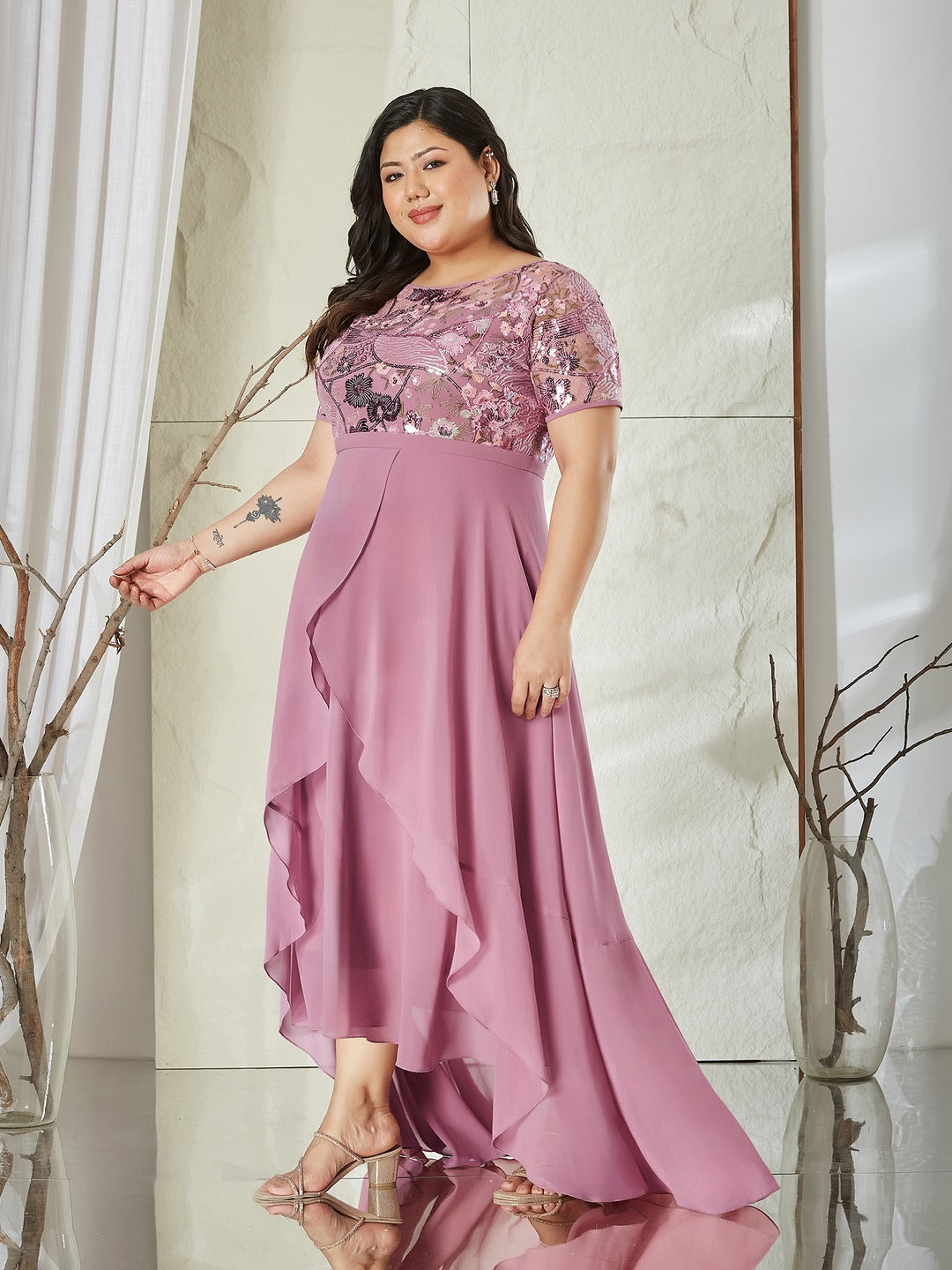 Dusty Pink Square Neck Half Sleeve Solid Embellished Maxi Dress for Women