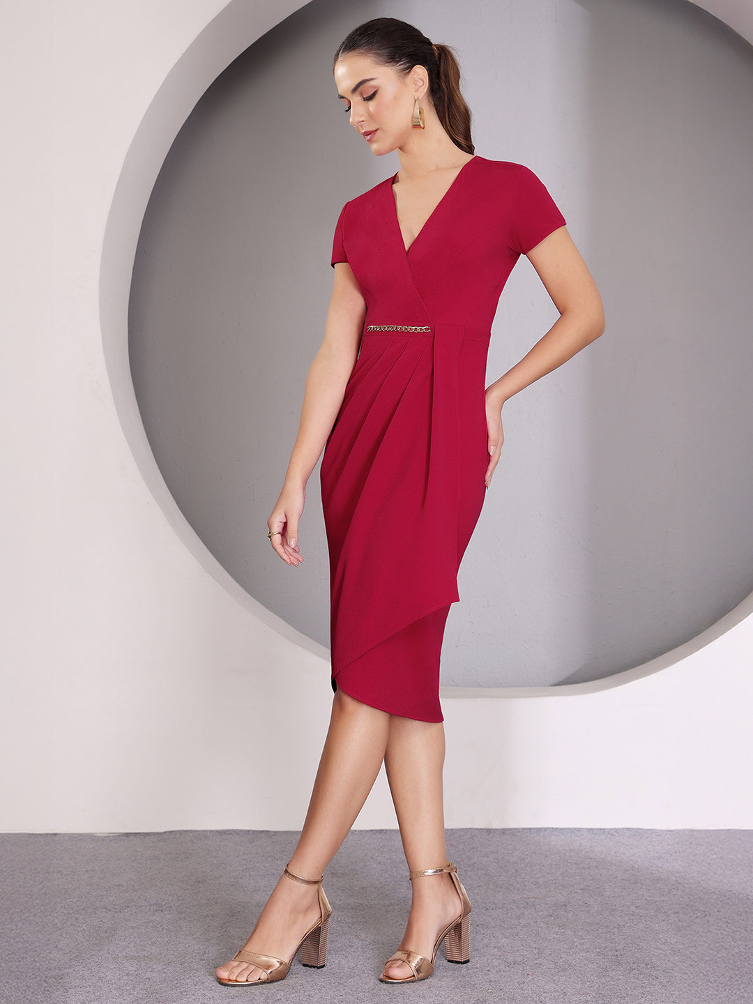 Women's Dark Pink Wrap-Styled Short Sleeve Solid Pleated Knee-Long Dress