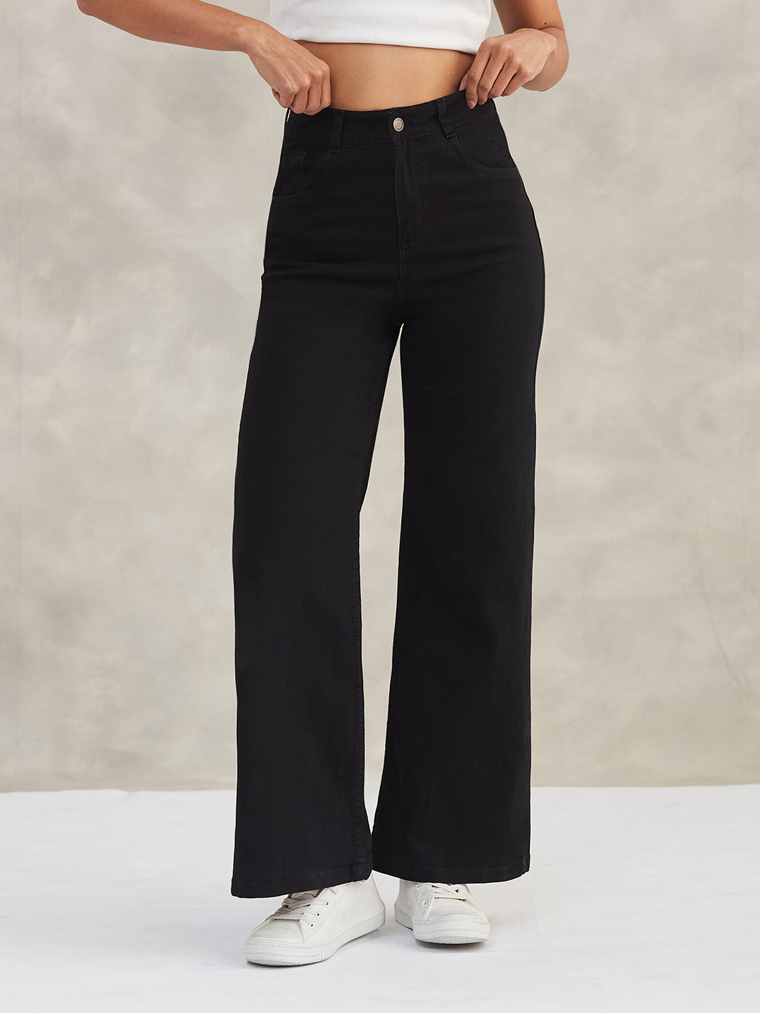 Women's Black Wide-Leg High-Rise Stretchable Denim Jeans