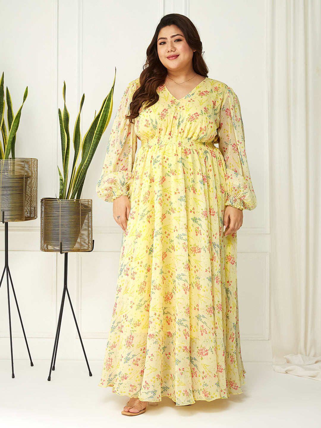 Women's Multicolored-Base-Lime Yellow V-Neck Bishop Sleeve Floral Gathered Chiffon Maxi Dress