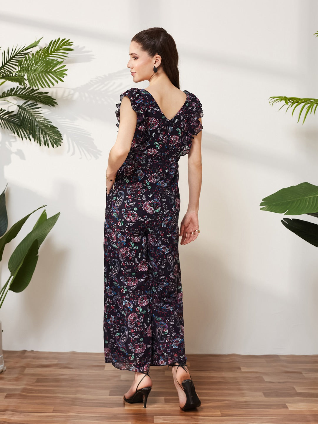 Navy Blue Round Neck Sleeveless Floral Wide Leg Regular Jumpsuit for Women