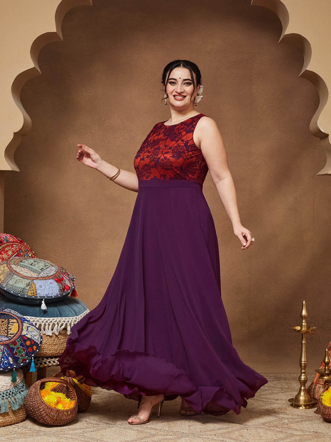Dark Purple Round Neck Sleeveless Georgette & Lace Floral Fit & Flare Maxi Dress for Women — Miss Chase A+