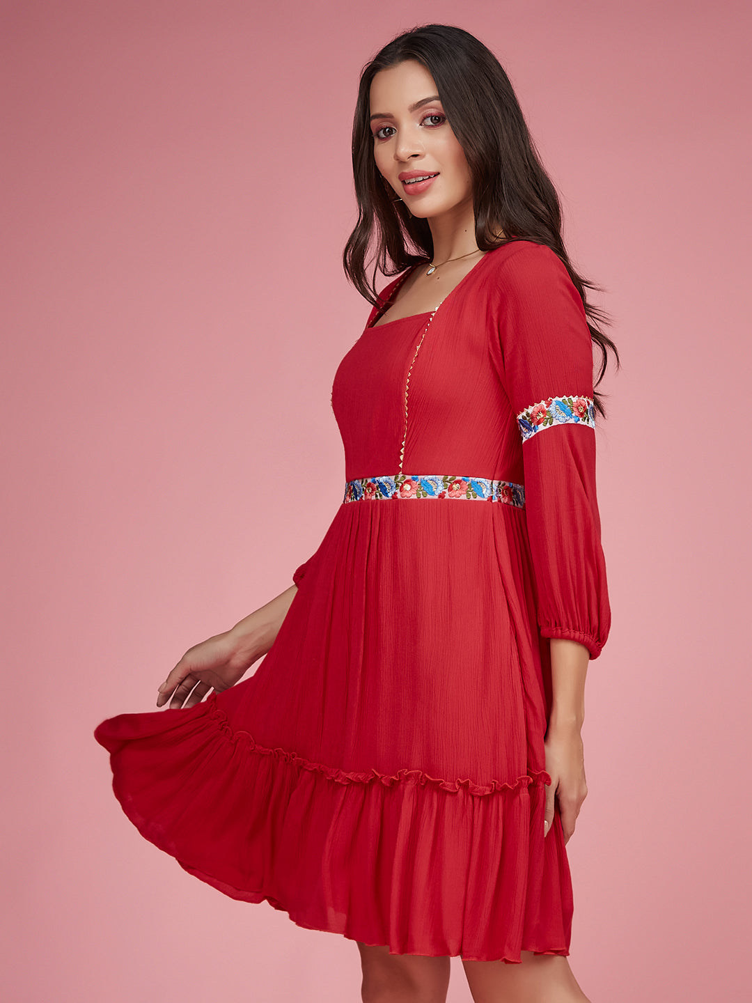 Women's Red Square Neck Bishop Sleeve Viscose Rayon Solid Gathered Midi Dress