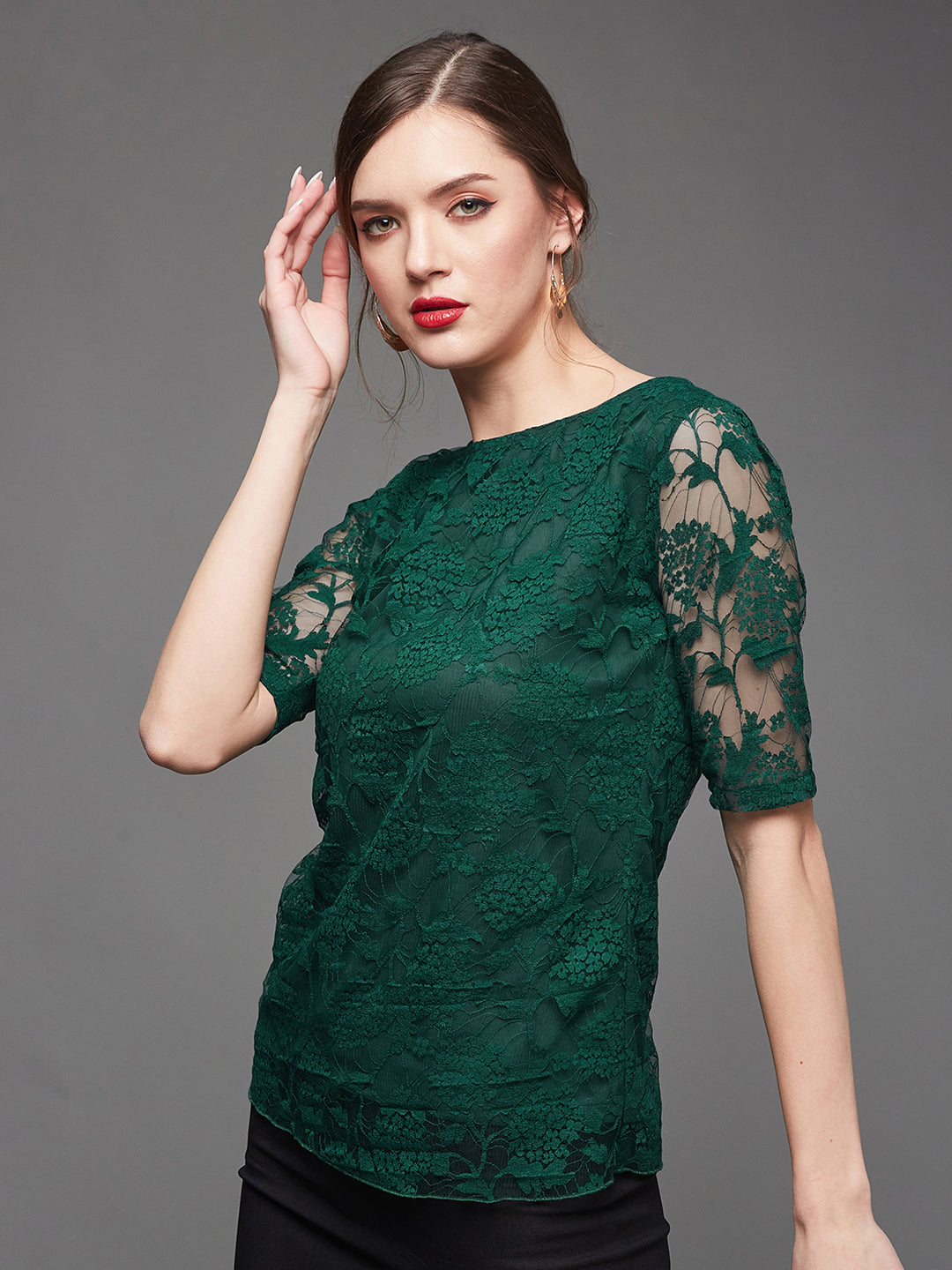 Women's Forest Green Relaxed Fit  Regular  Lace Top