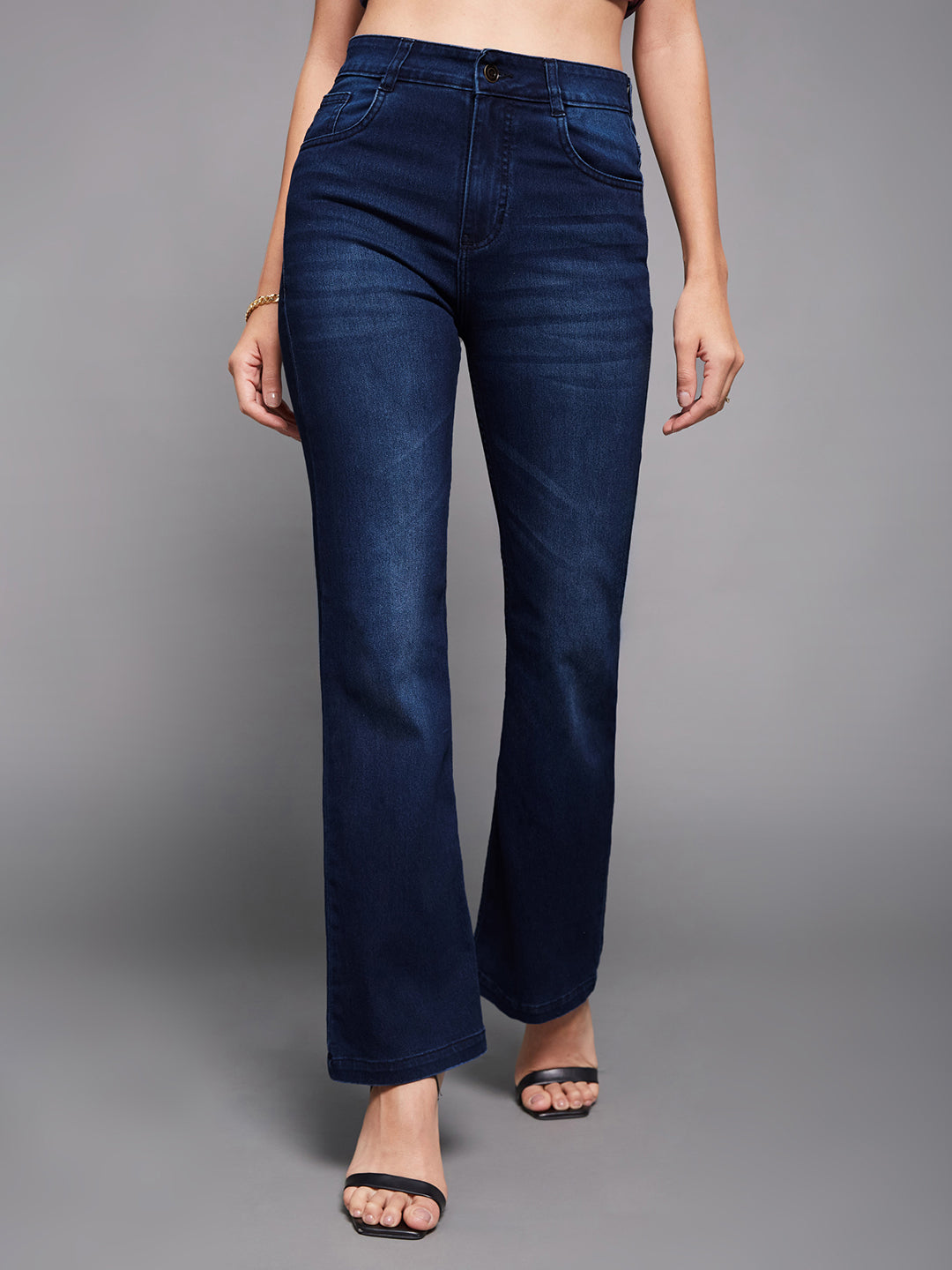 Women's Navy blue Wide leg Mid rise Clean look Regular Stretchable Denim Jeans