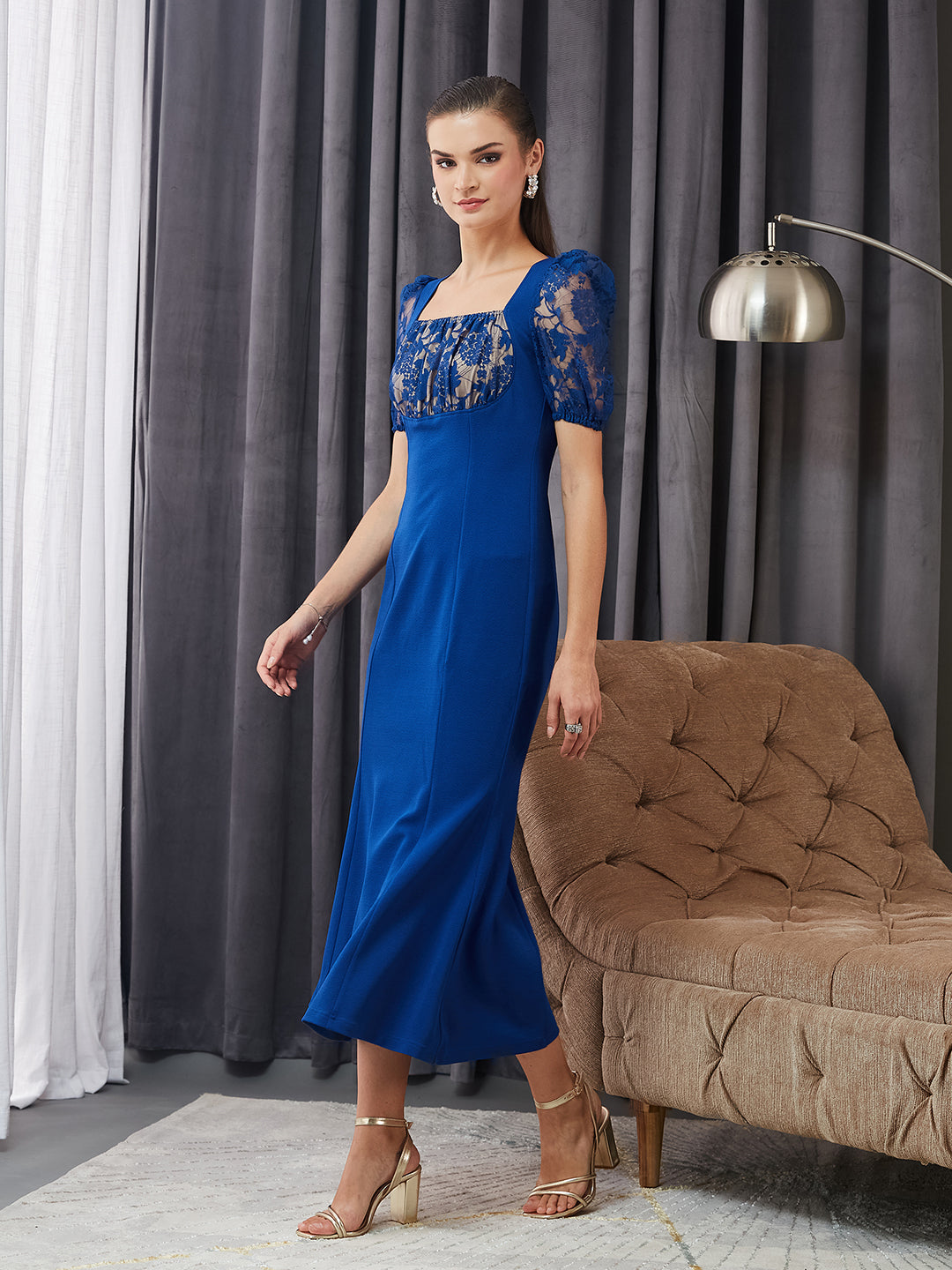 Women's Royal Blue Square Neck Puff Sleeve Self Design Lace Overlaid Ankle Length Dress