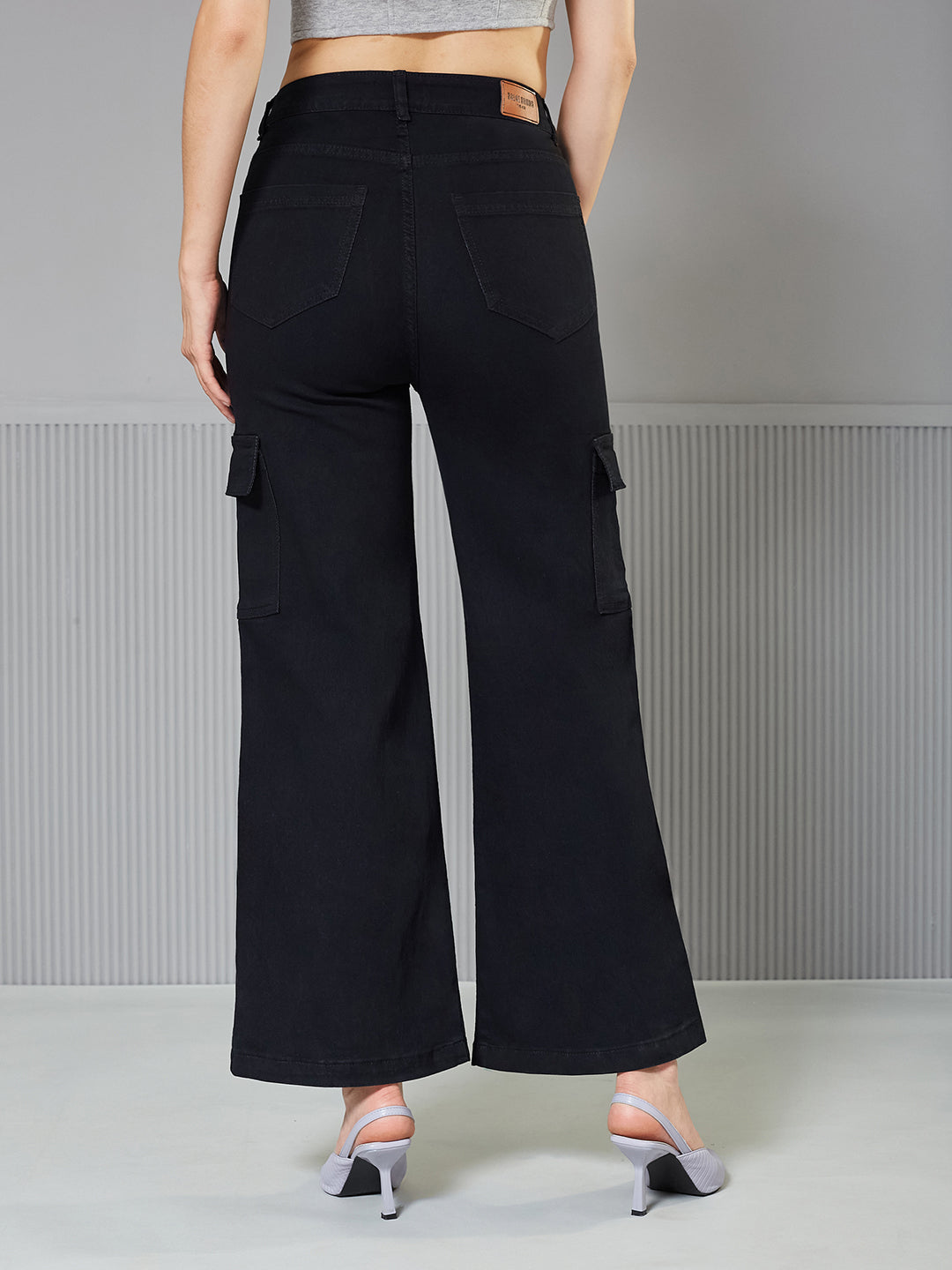 Women's Black Wide leg High-Rise clean-look Regular Stretchable Denim Jeans