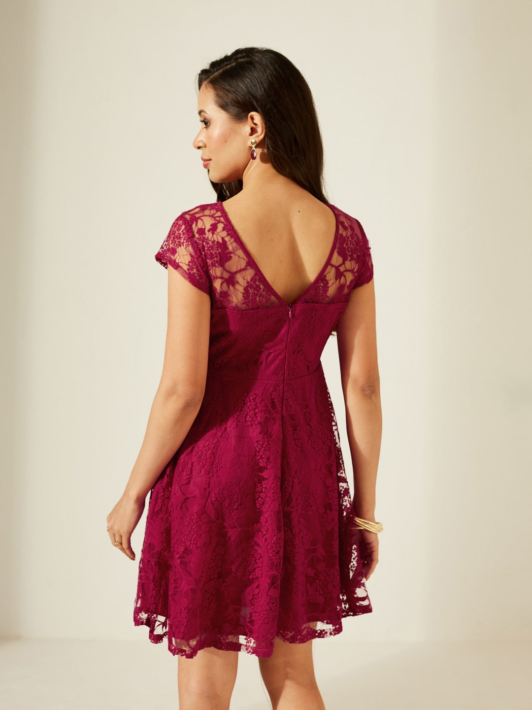 Dark Pink Round Neck Cap Sleeves Low Back Lace Skater Dress for Women